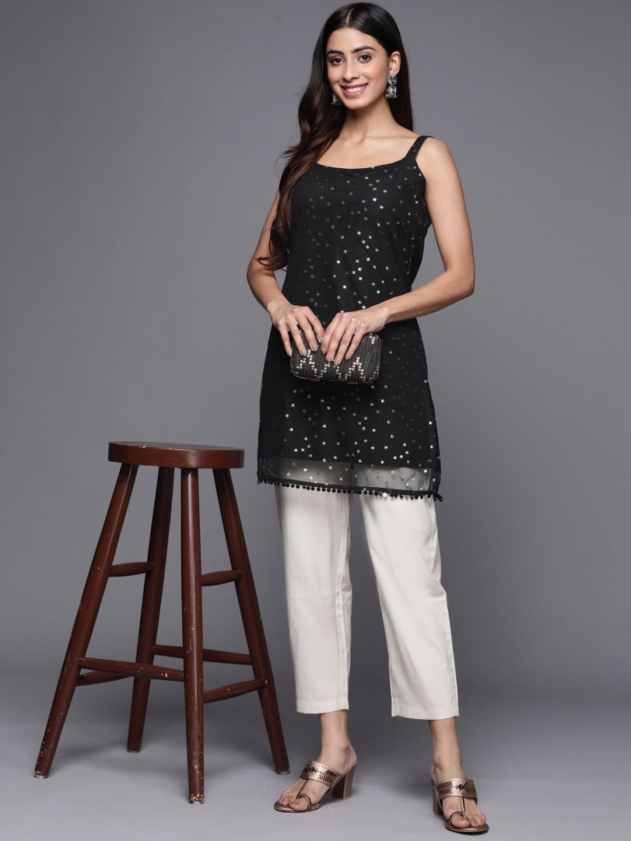 Ahalyaa Woman Silver Foil Printed Shoulder Straps Net Tunic | Swadesiicart