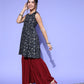 InWeave Women's Blue Printed Kurta Sharara Set With Burgundy Organza Dupatta - Swadesiicart