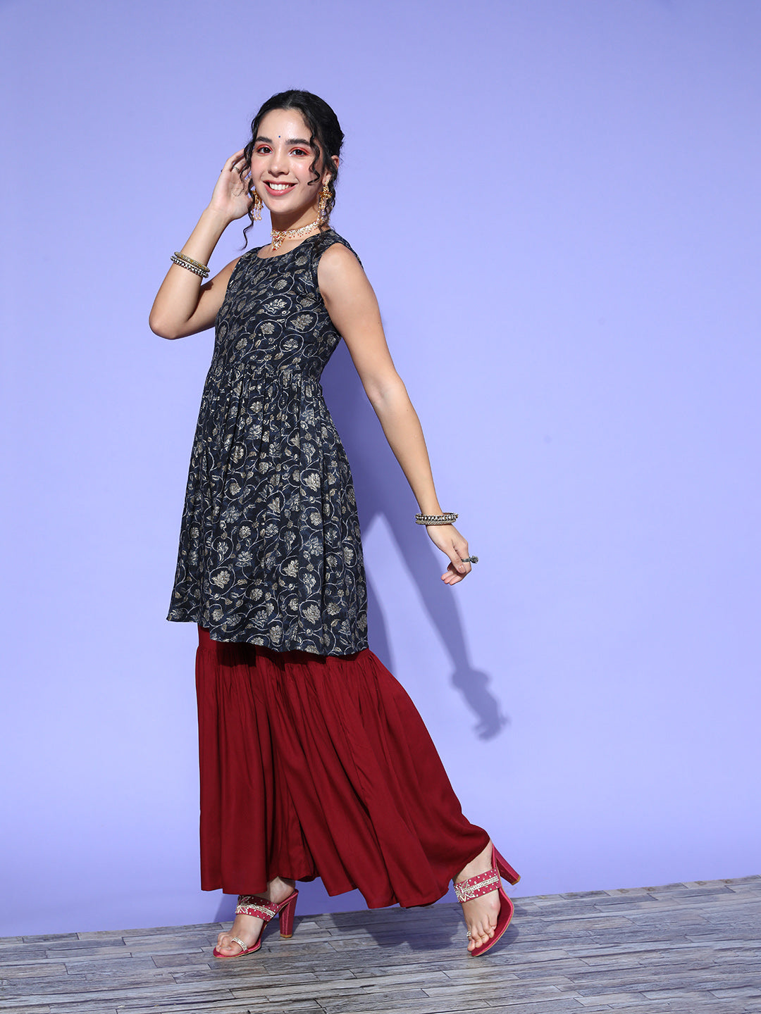 InWeave Women's Blue Printed Kurta Sharara Set With Burgundy Organza Dupatta - Swadesiicart
