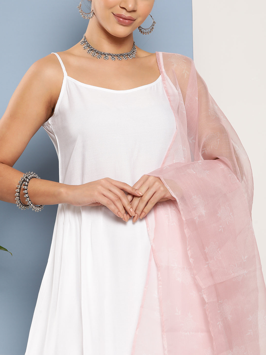 InWeave Women's Cream Strappy With Pink White Chintz Organza Dupatta - Swadesiicart