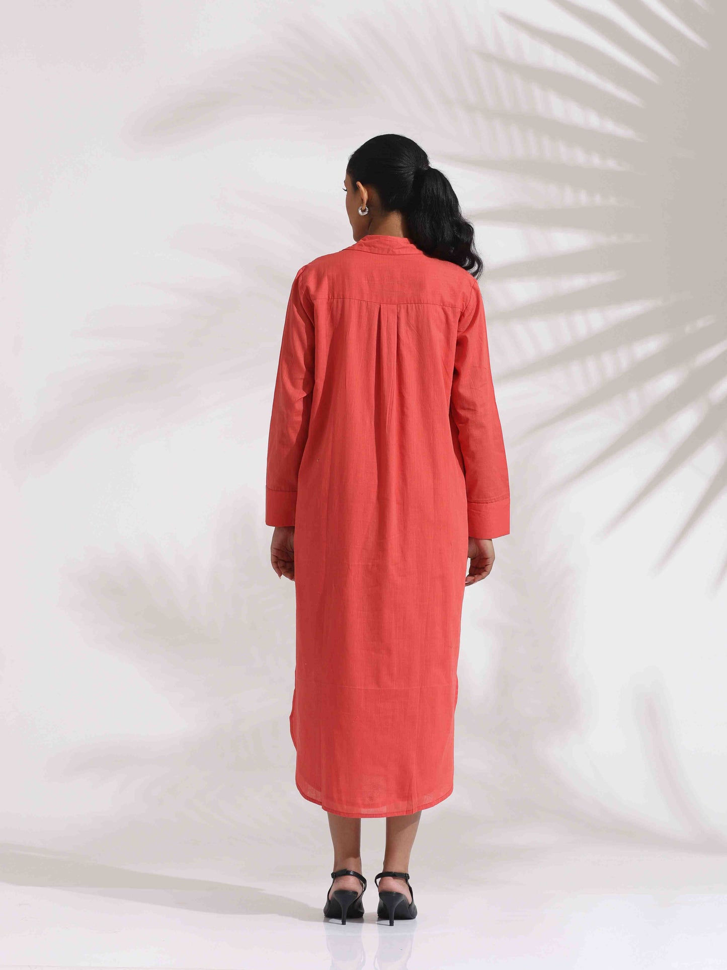 trueBrowns Orange Cotton Embroidered Flared Dress | Swadesiicart