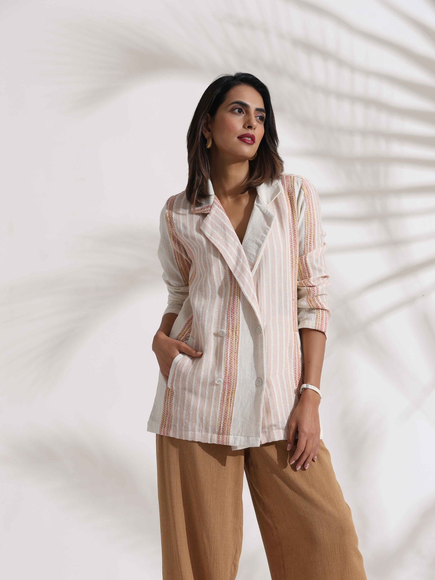 trueBrowns Beige Cotton Stripe Jacket Top Co-ord Set - Swadesiicart