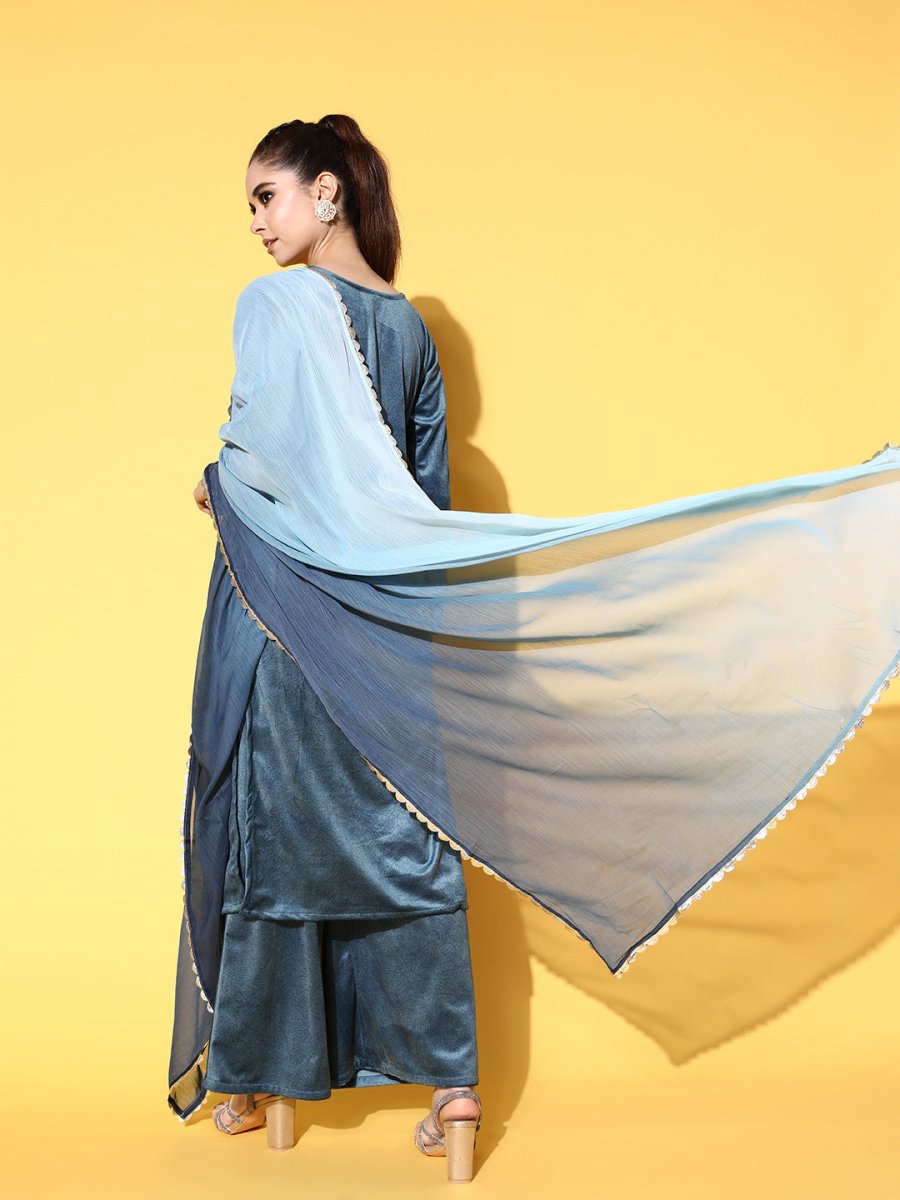 Ahalyaa Women Gotta Patti Velvet Kurta with Palazzos & With Dupatta | Swadesiicart