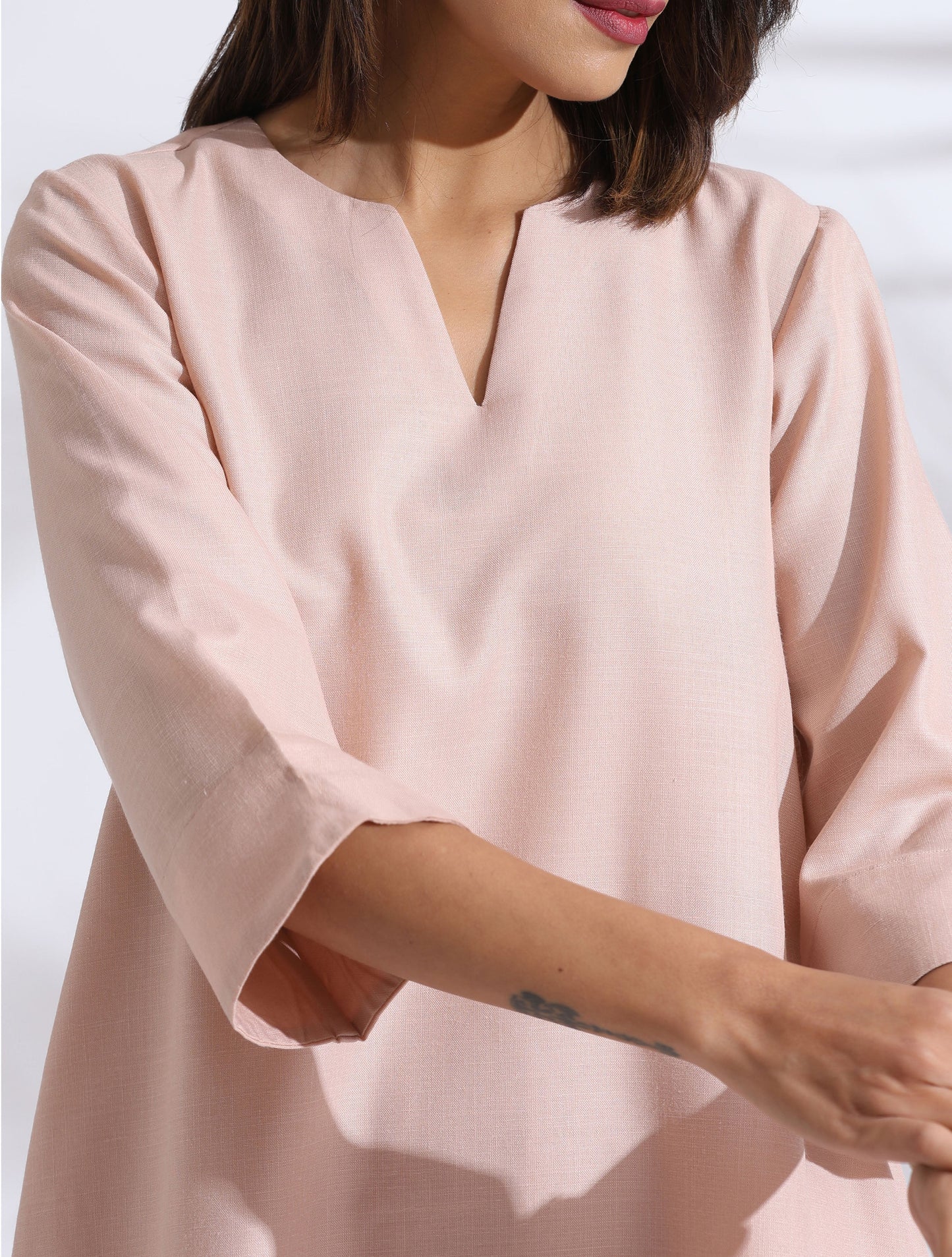 trueBrowns Light Pink Slub Kurta Co-ord Set - Swadesiicart
