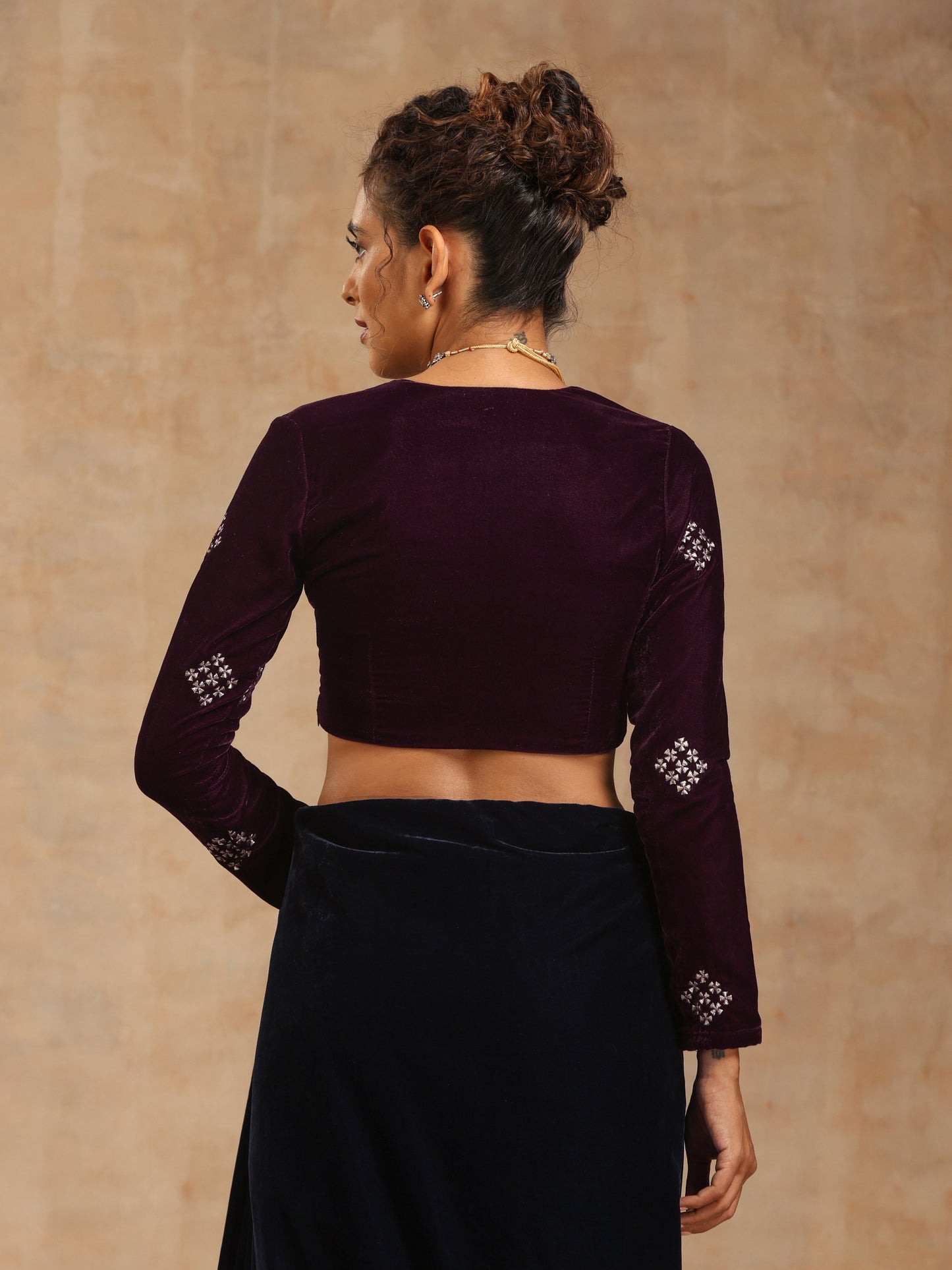 trueBrowns Wine Velvet Embroidered Blouse | Swadesiicart