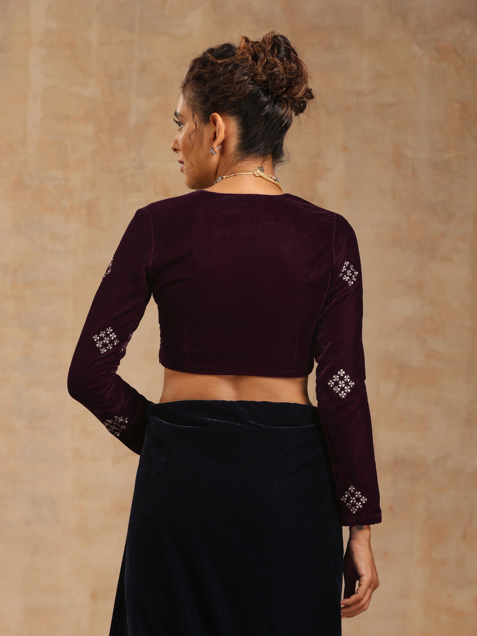 trueBrowns Wine Velvet Embroidered Blouse | Swadesiicart
