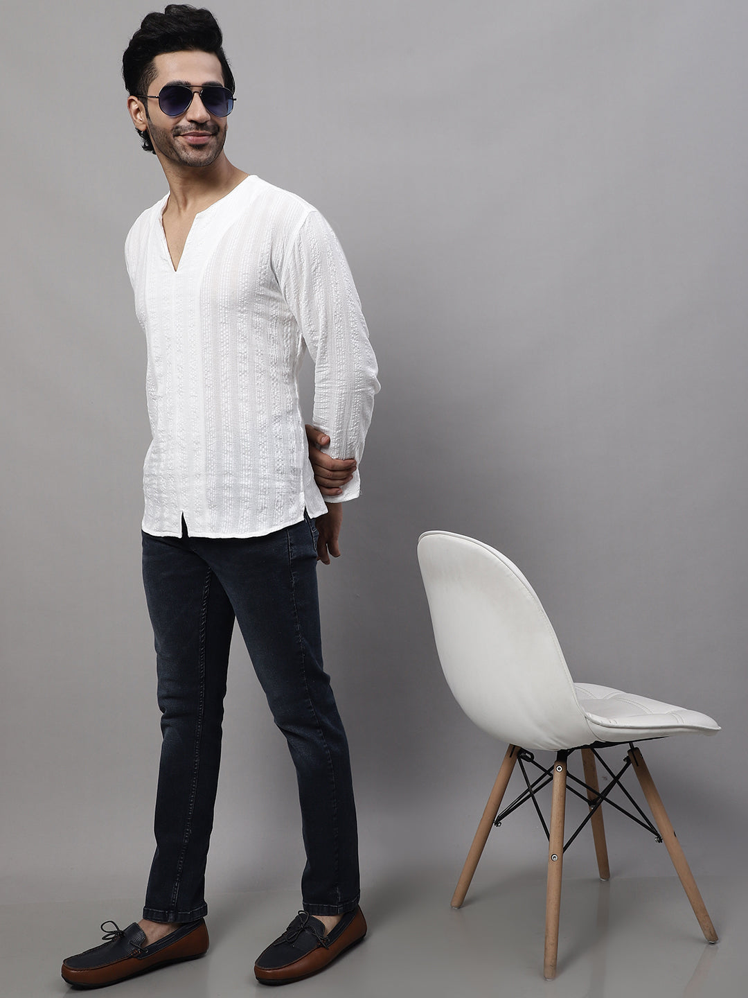 Even Apparels White Pure Cotton Open Neck Kurta | Swadesiicart