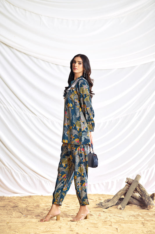 BulBul Nilisha Teal Chanderi Co-Ord Set - Swadesiicart