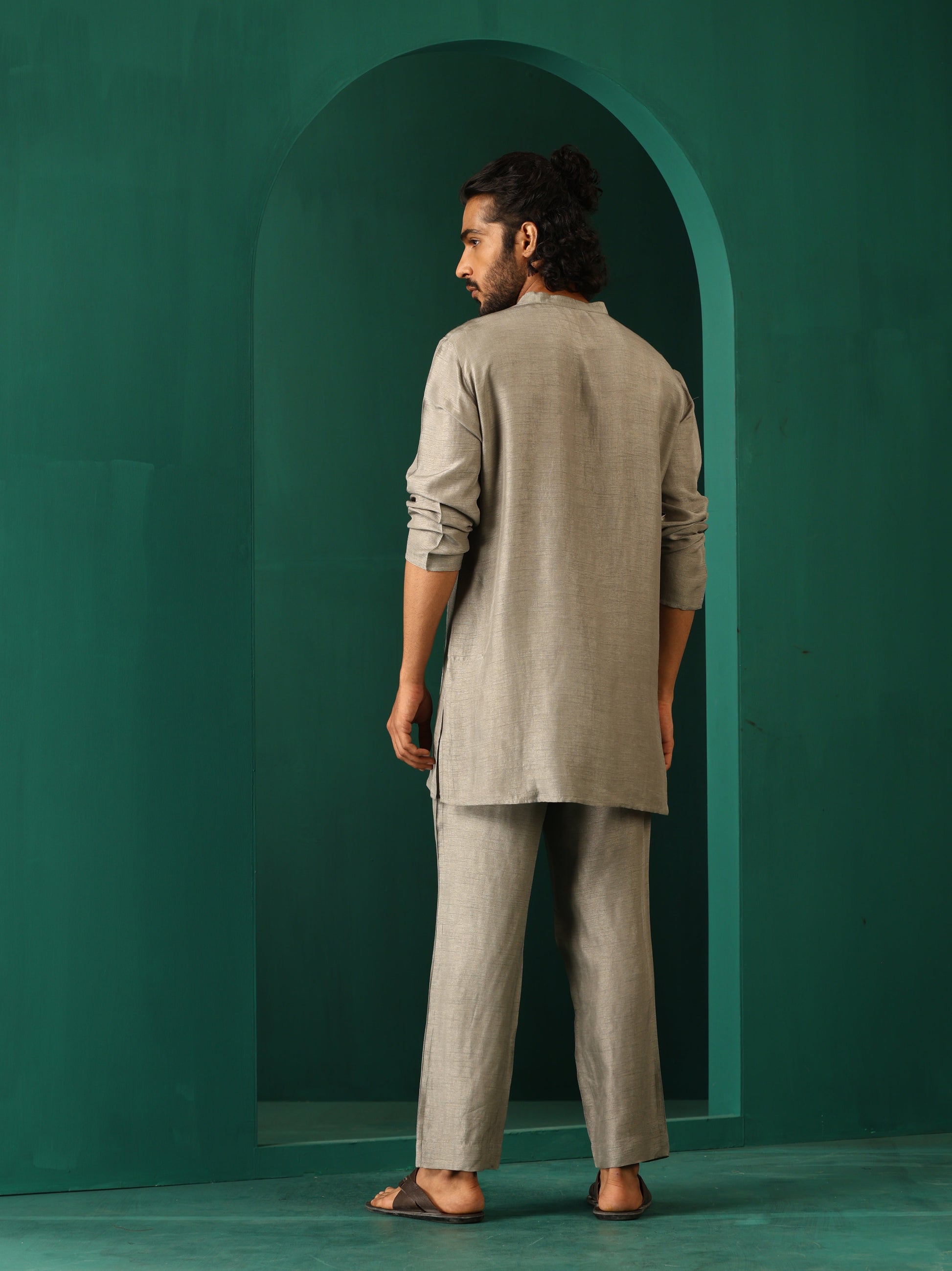 trueBrowns Men's Grey Silk Co-ord Set Yoke Detail - Swadesiicart