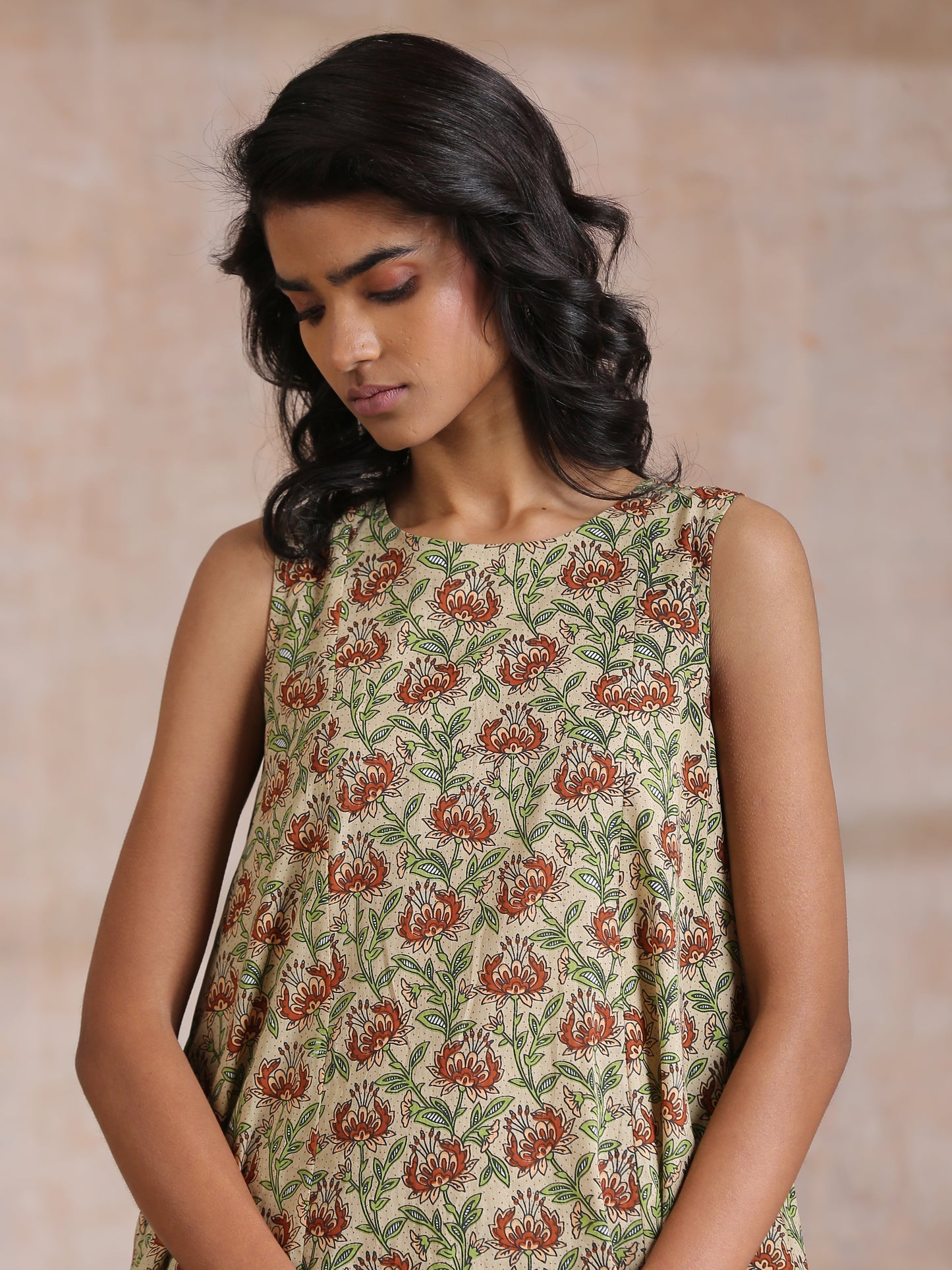 trueBrowns Beige Overall Brown Floral Block Print Cotton High-Low Co-Ord Set - Swadesiicart