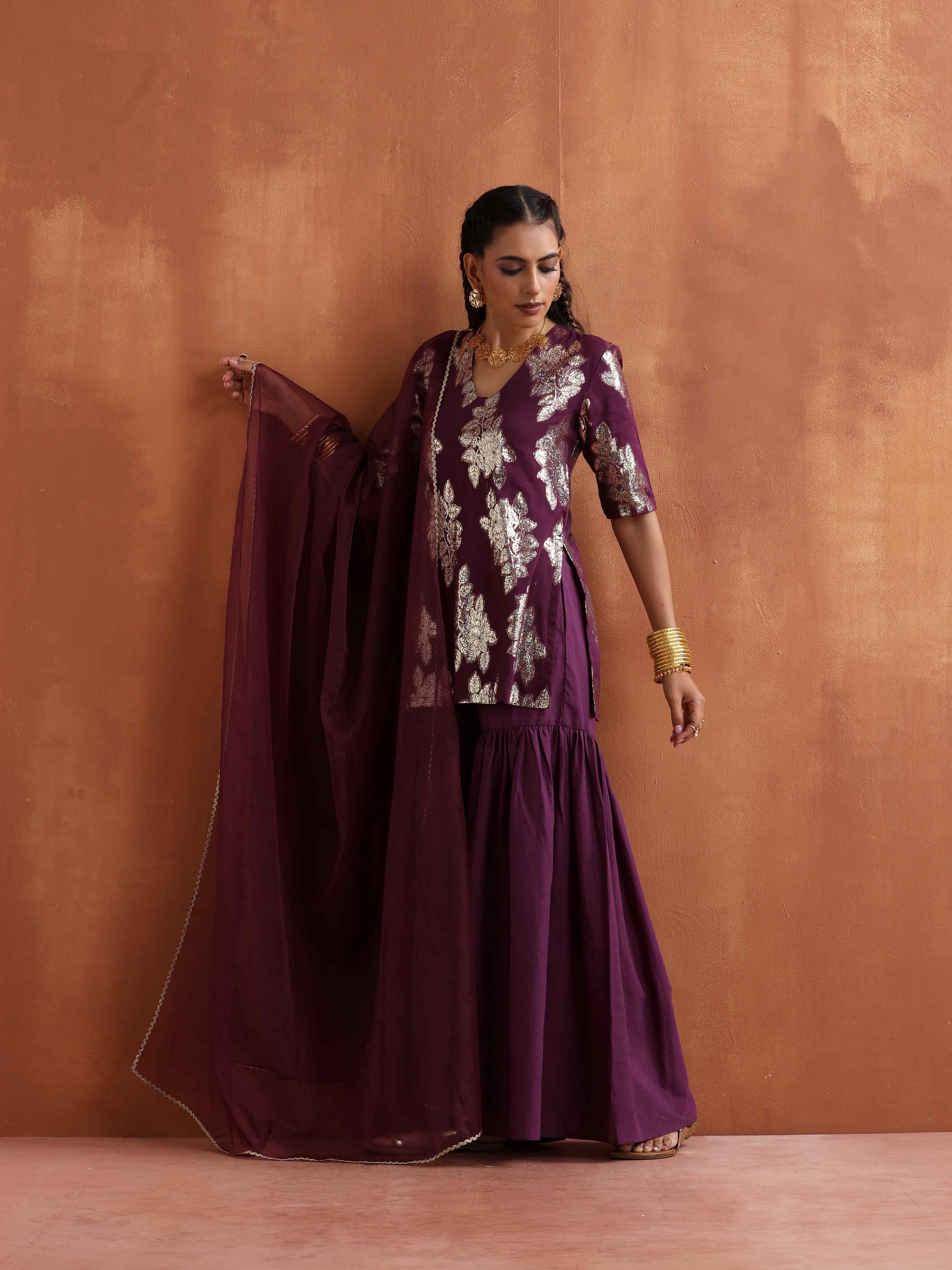trueBrowns Purple Metallic Sharara Dupatta Set | Swadesiicart