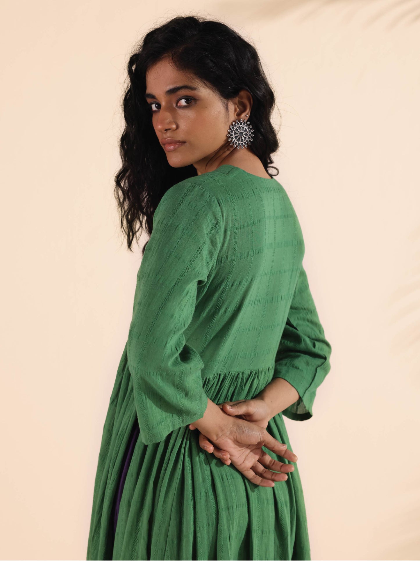 trueBrowns Green Cotton Dobby Flared Kurta Pant Set | Swadesiicart