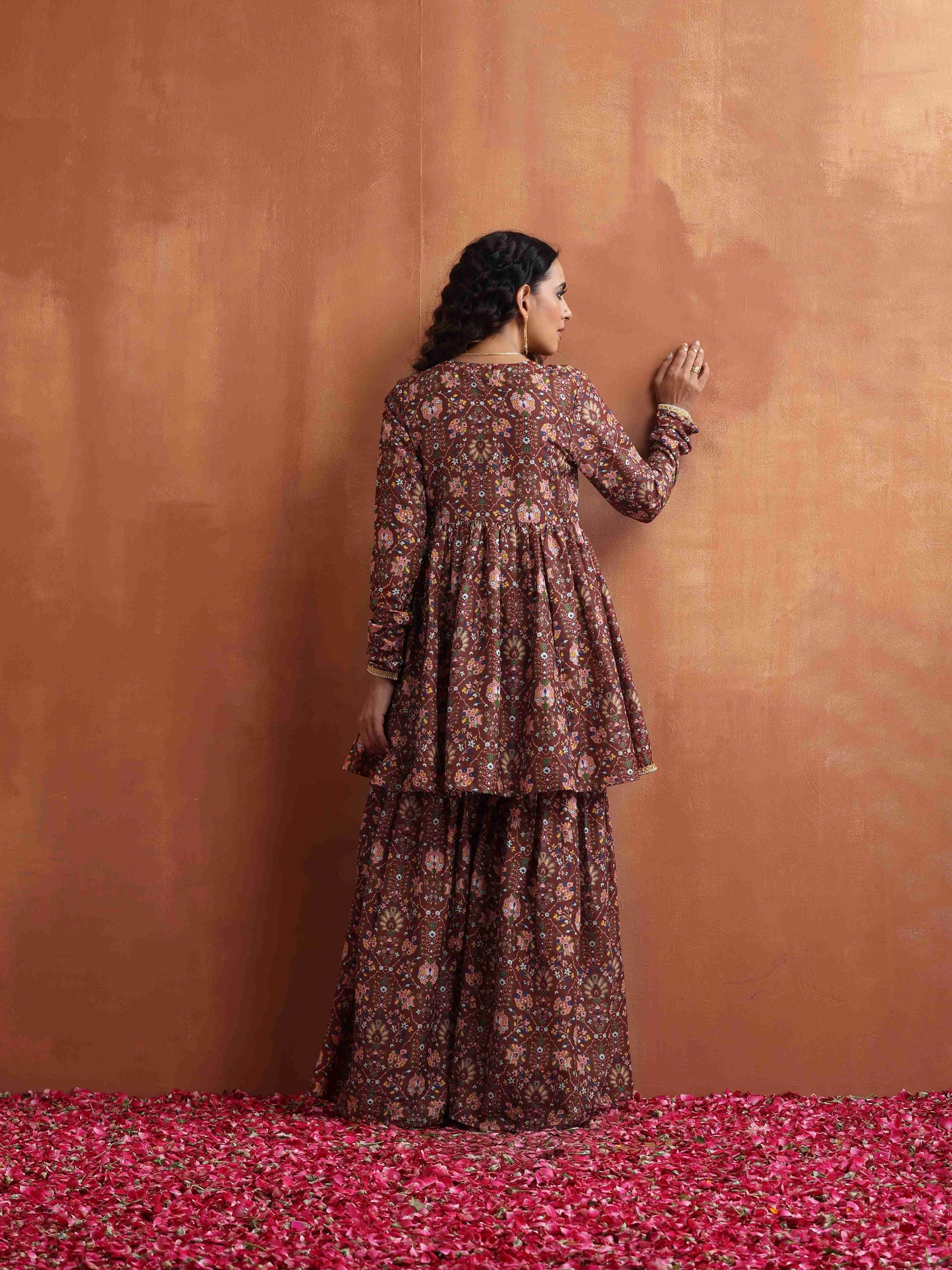 trueBrowns Brown Print Sharara Set | Swadesiicart