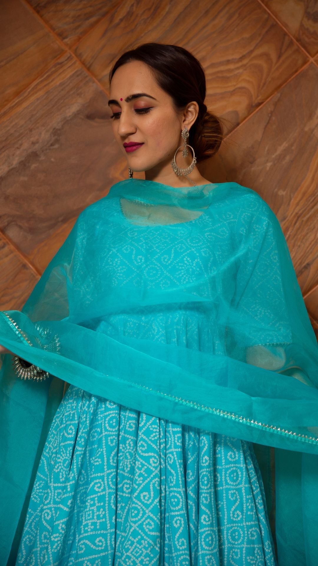 Pomcha Jaipur Bandhej Blue Cotton Anarkali Set | Swadesiicart
