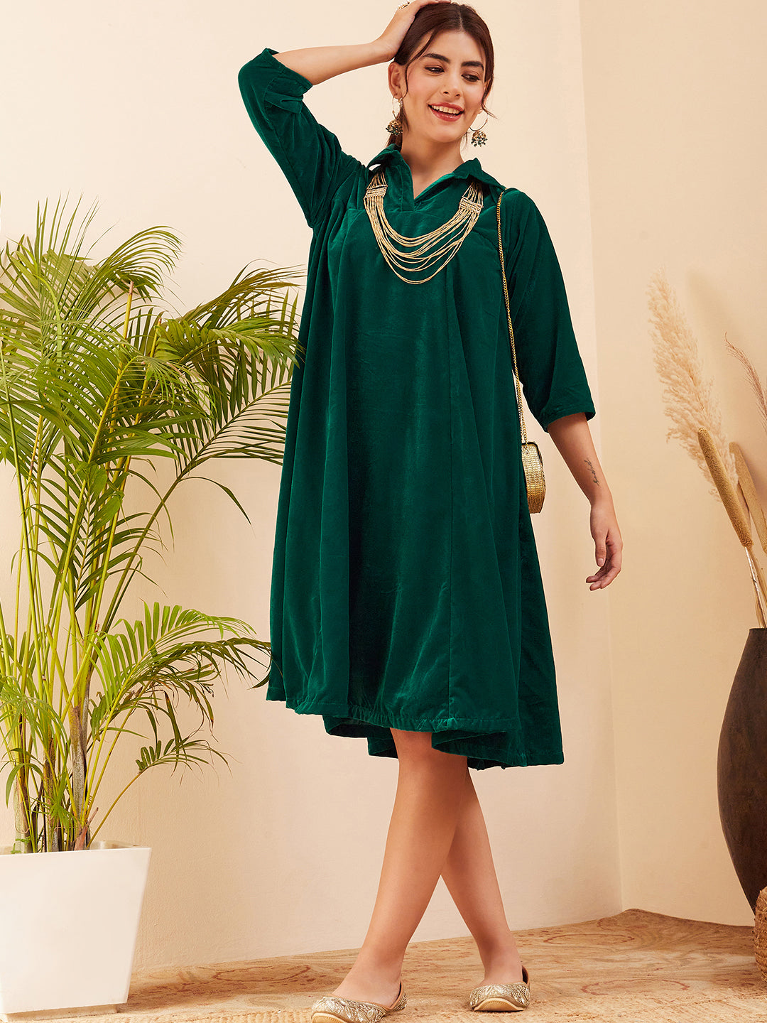 InWeave Women's Teal Velvet Collared Neck Flared Midi Dress - Swadesiicart