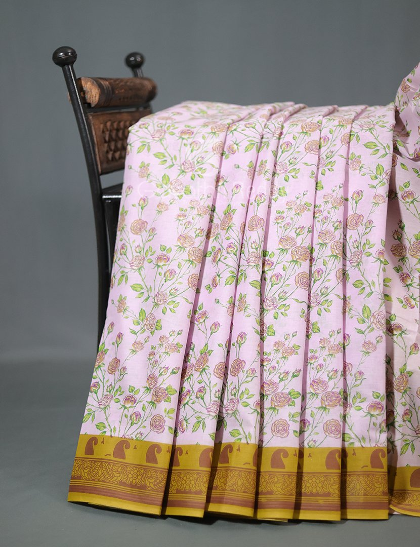 Block Print Baby Pink Dry Mehendi Combo Mulmul Cotton Saree By Gayathri Reddy Designer Studio | Swadesiicart