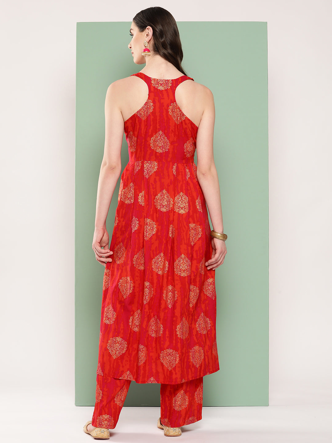 InWeave Women's Rust Mughal Print Raisa Back Detial Long Coords Set - Swadesiicart