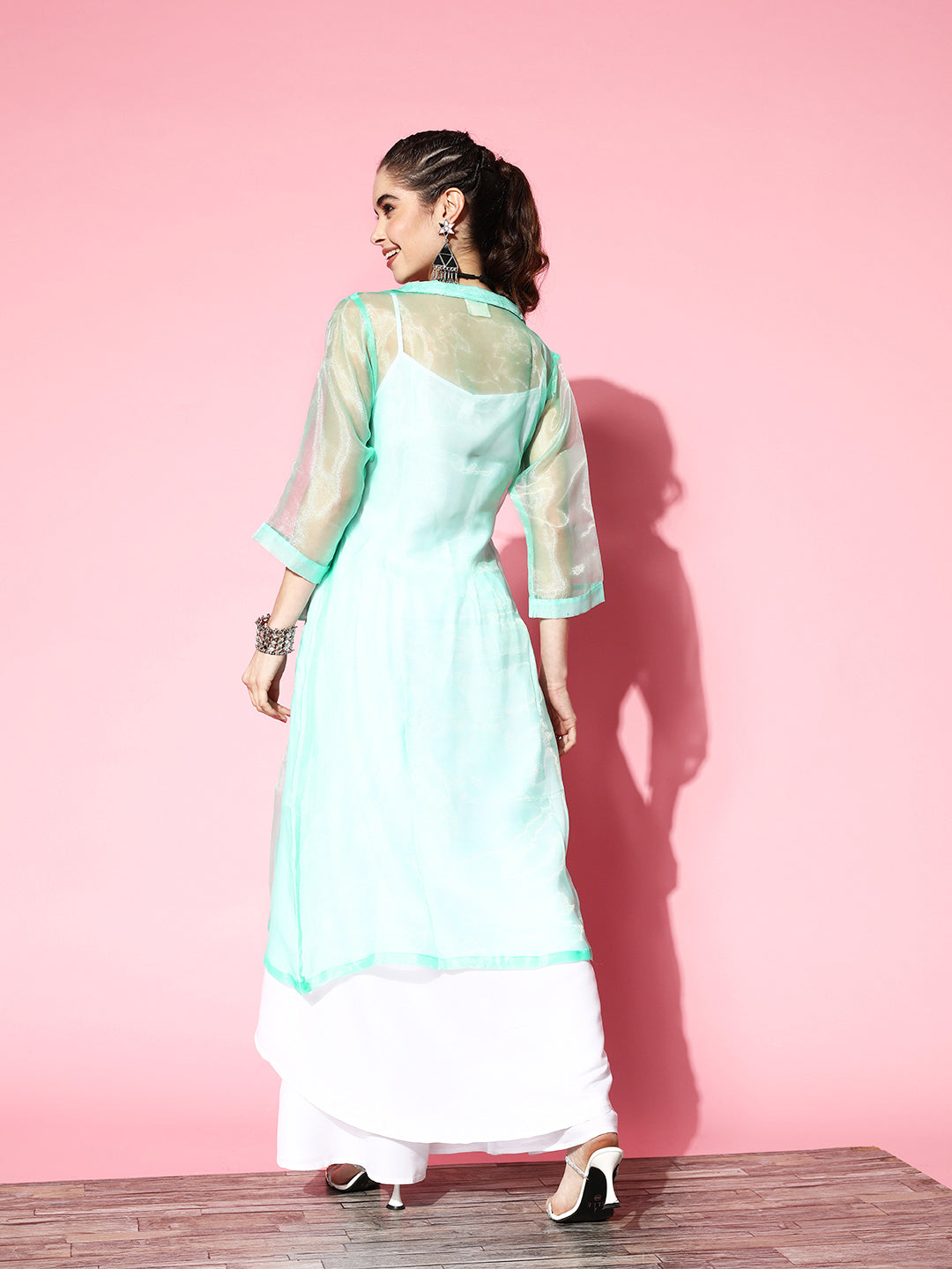 InWeave Women's Cream Strappy Kurta Set With Teal Organza Cape - Swadesiicart
