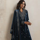 trueBrowns Blue Velvet Embroidered Kurta Pant Dupatta Set | Swadesiicart