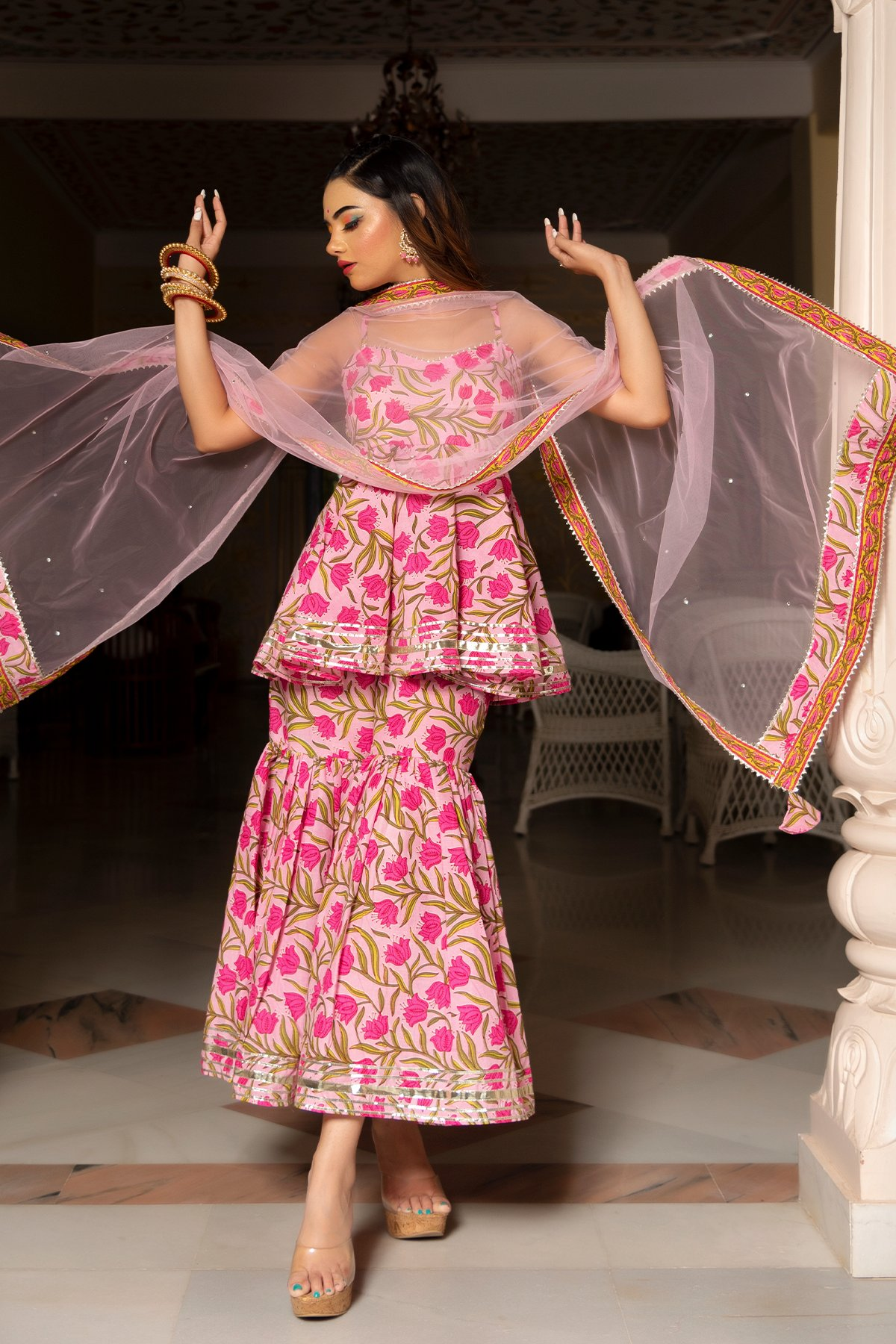Pomcha Jaipur Nazakat Pink Cotton Hand Block Sharara Set | Swadesiicart