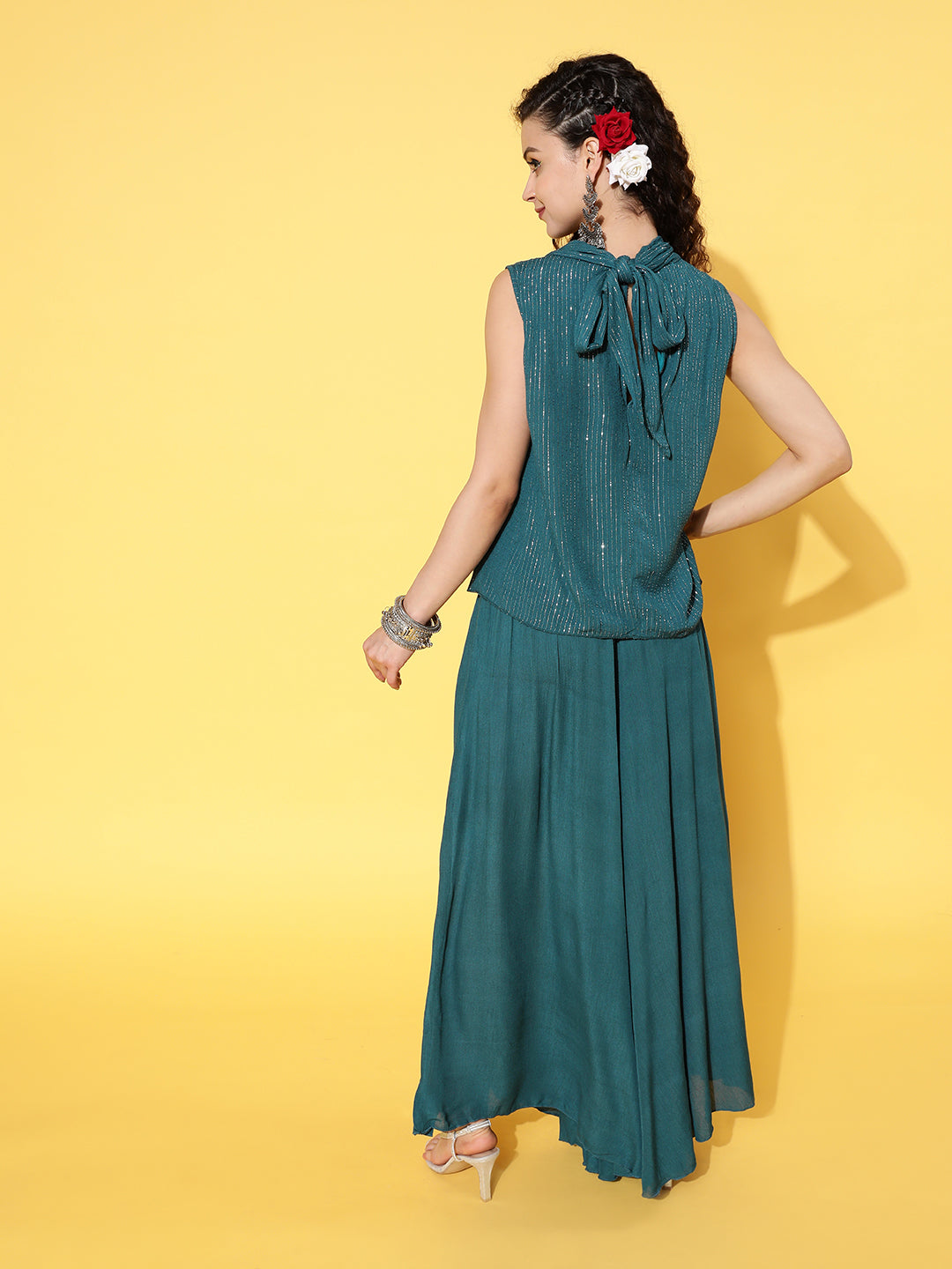 InWeave Women's Teal Lurex Top With Flared Pallazo - Swadesiicart
