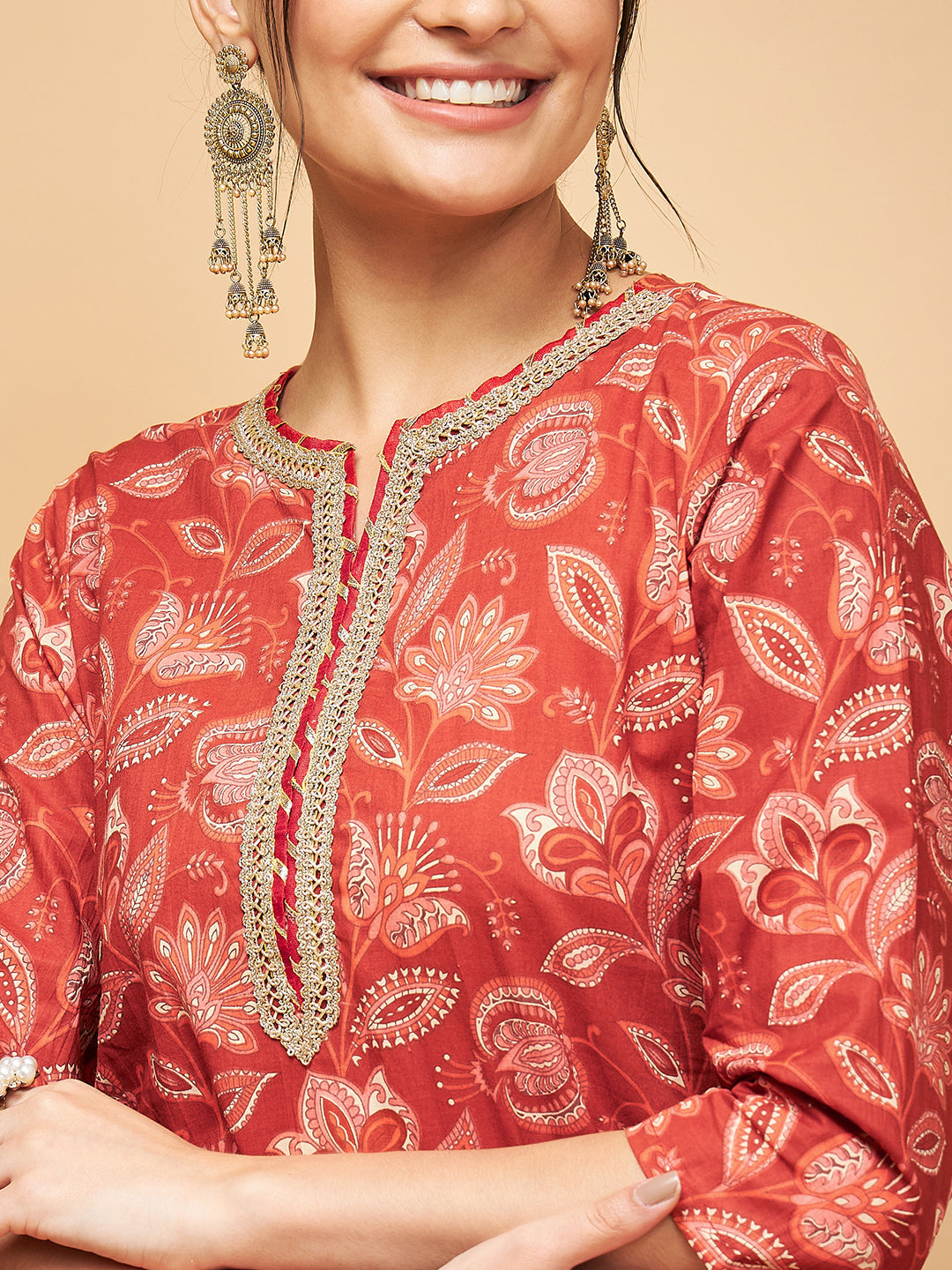 InWeave Women's Rust Paisley Print Gota Straight Kurta Pant Set - Swadesiicart