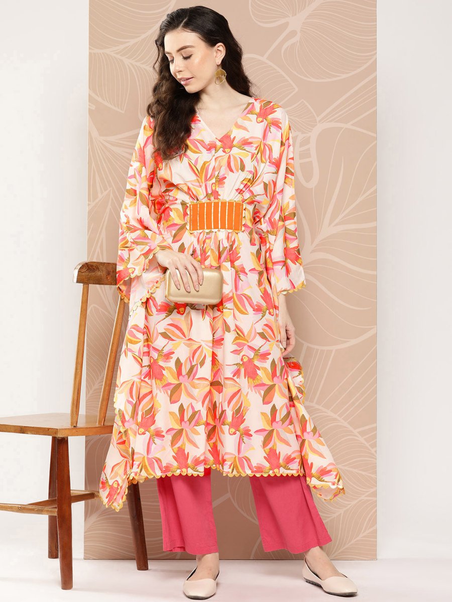 Ahalyaa Women Floral Printed Flared Sleeves Gotta Patti Crepe Kaftan Kurta | Swadesiicart