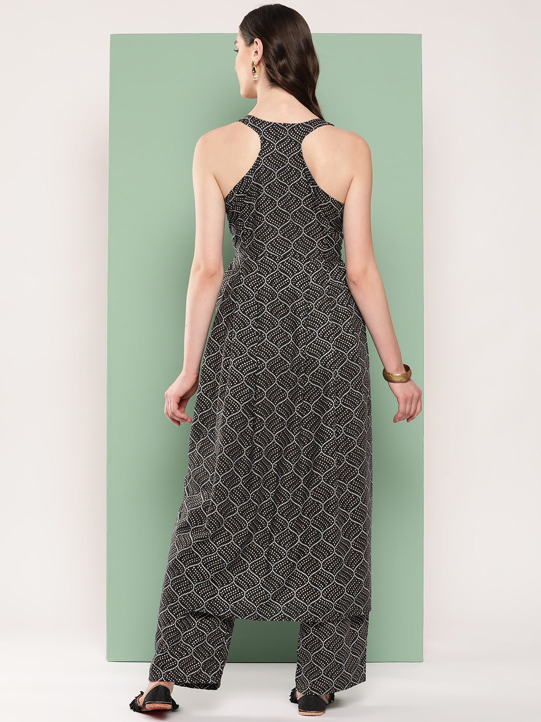 InWeave Women's Black Bandhej Print Raisa Back Detial Long Coords Set - Swadesiicart