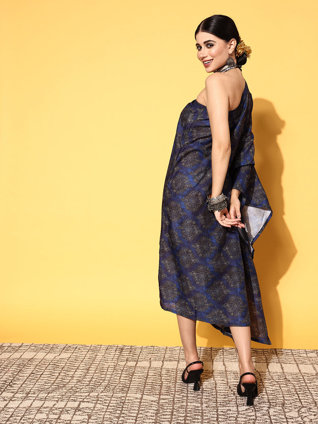 InWeave Women's Indigo Boota Print One Shoulder Kaftan Dress - Swadesiicart