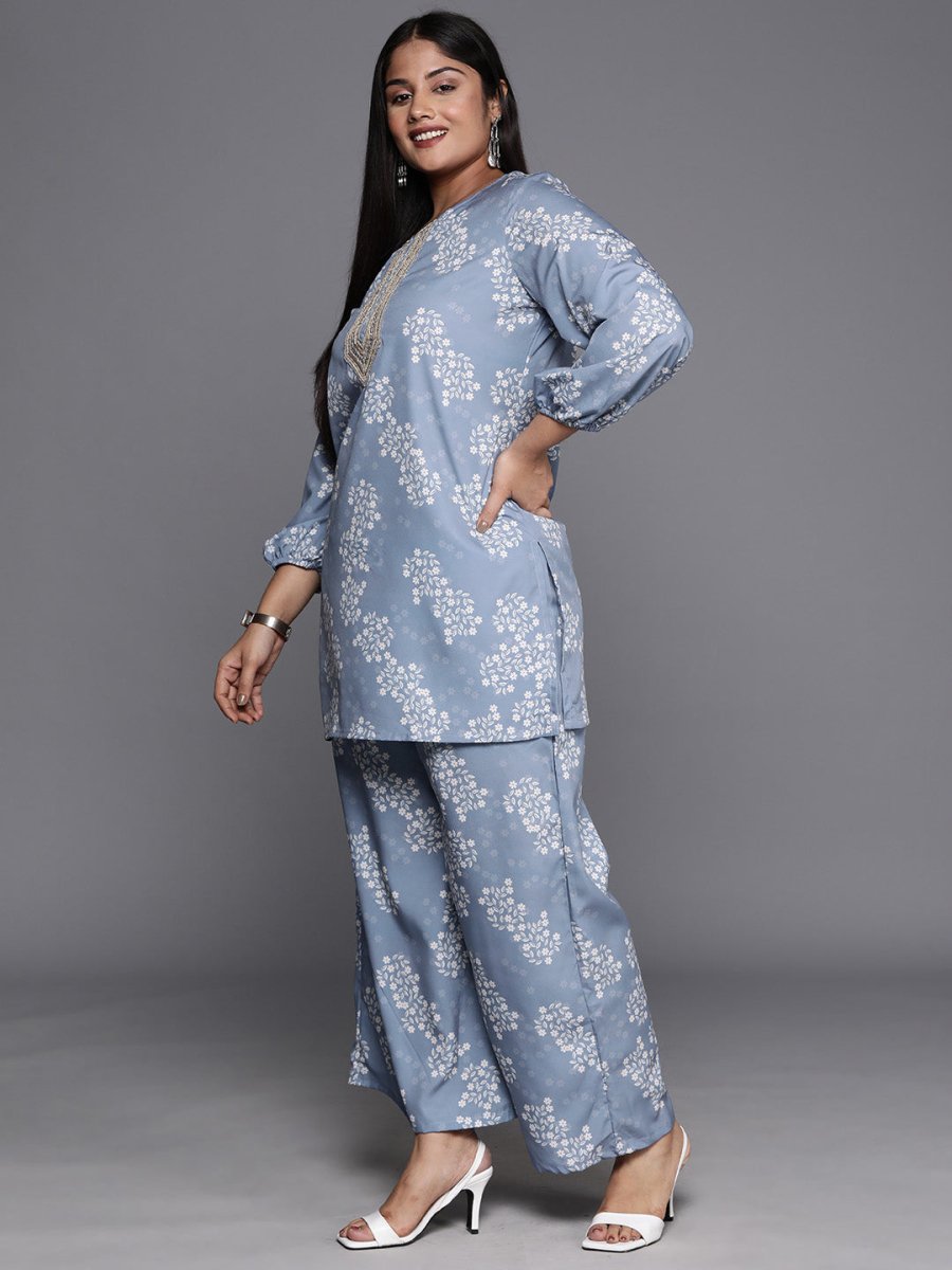 Ahalyaa Plus Size Floral Print Zari Ethnic Tunic with Palazzos | Swadesiicart