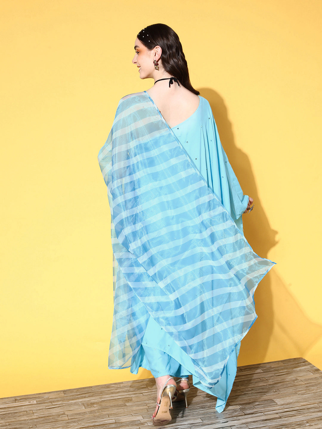 InWeave Women's Sky Blue Mirror Work One Shoulder Kurta Set With Dupatta - Swadesiicart