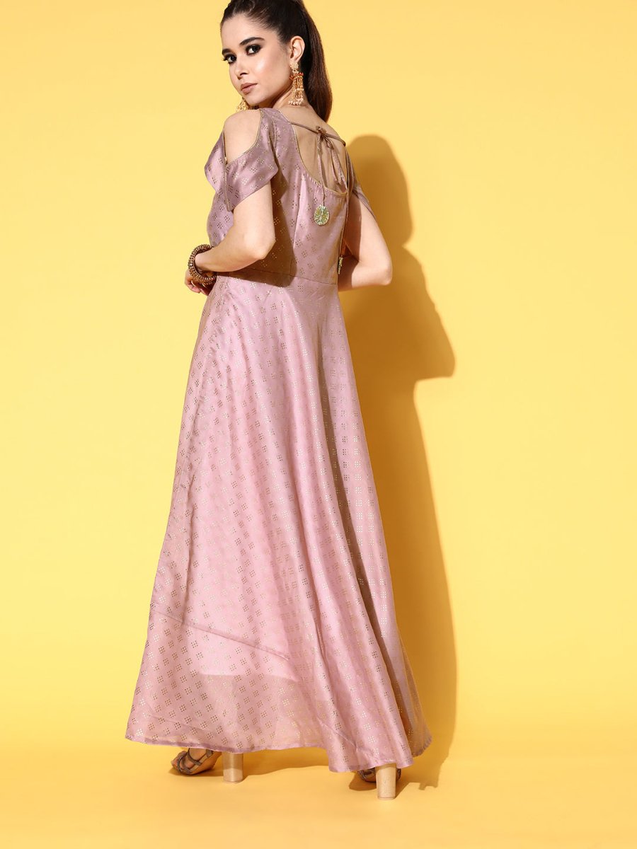 Ahalyaa Chanderi Cold-Shoulders Printed Maxi Ethnic Dress | Swadesiicart
