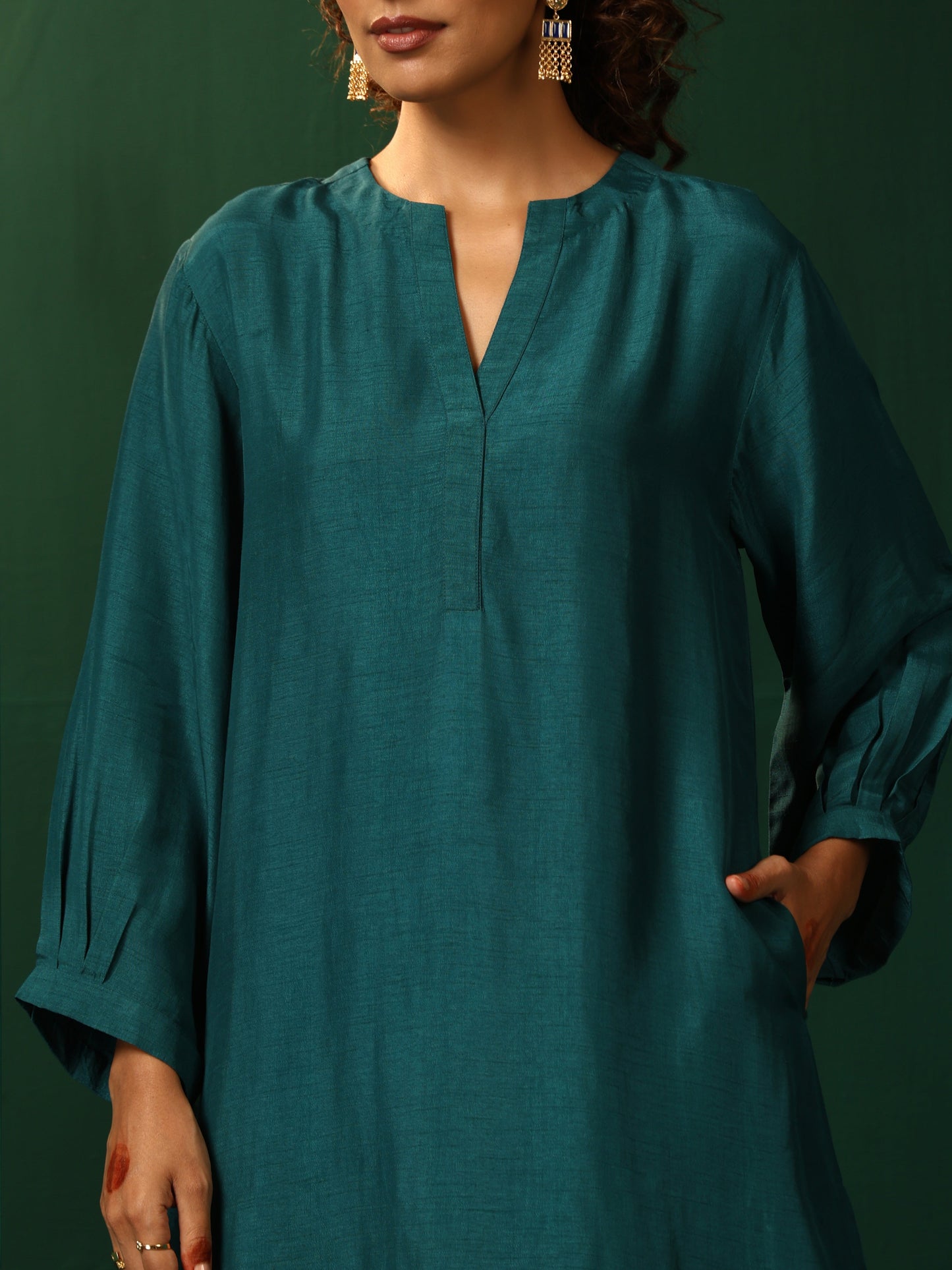 trueBrowns Teal Silk Relaxed Placket Co-ord Set - Swadesiicart