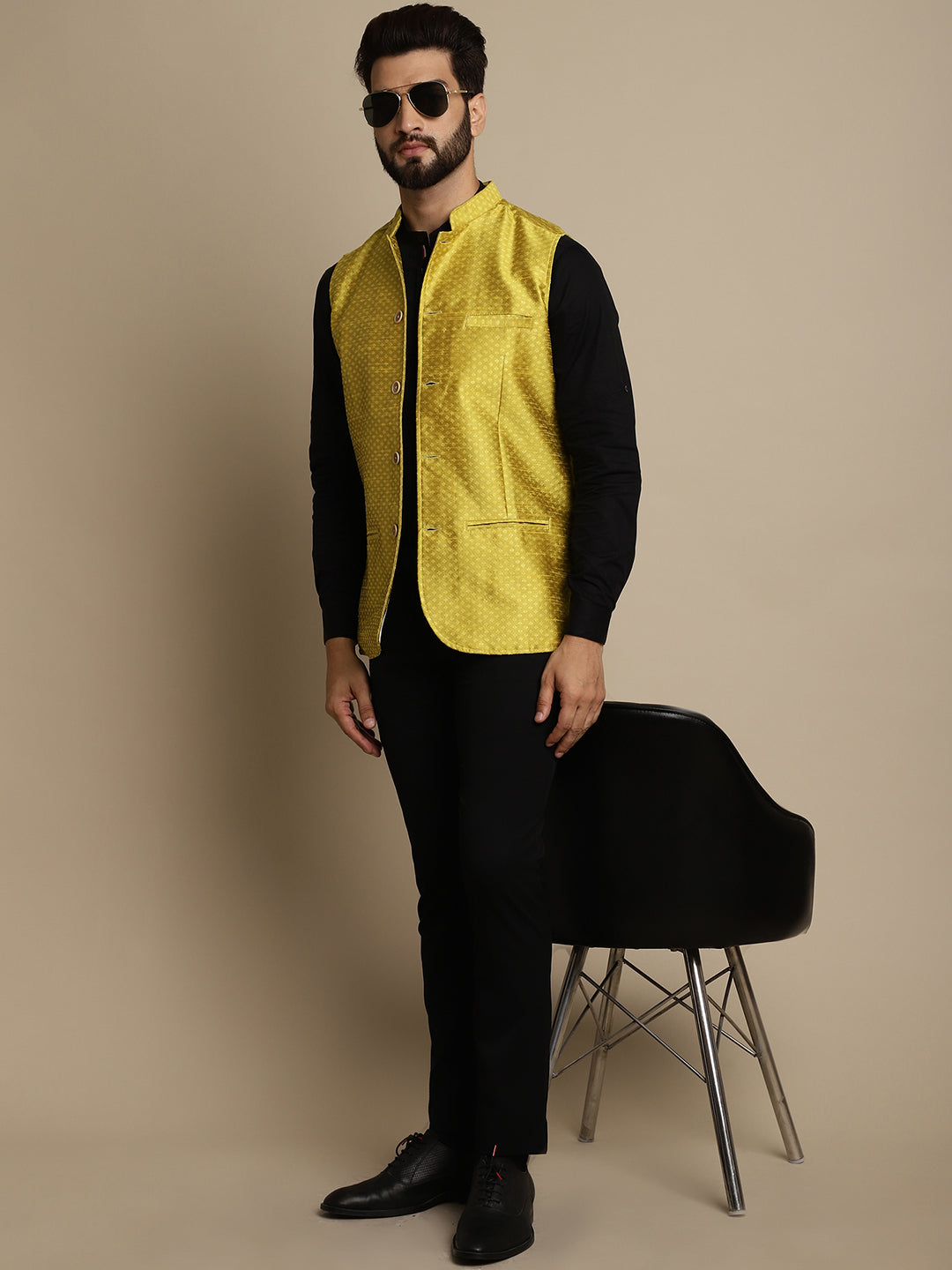 Even Apparels Men's Yellow Mandarin Collar Waistcoat | Swadesiicart