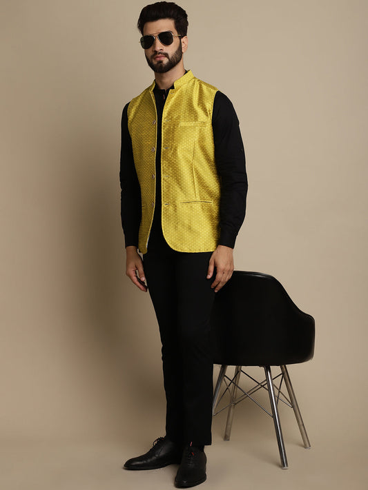 Even Apparels Men's Yellow Mandarin Collar Waistcoat | Swadesiicart