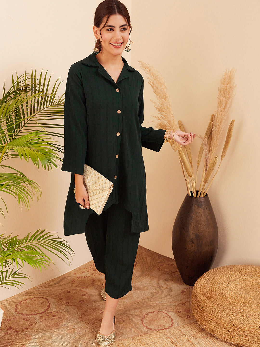 InWeave Women's Forest Green Collared Front Button Blazer Kurta Pant Set - Swadesiicart