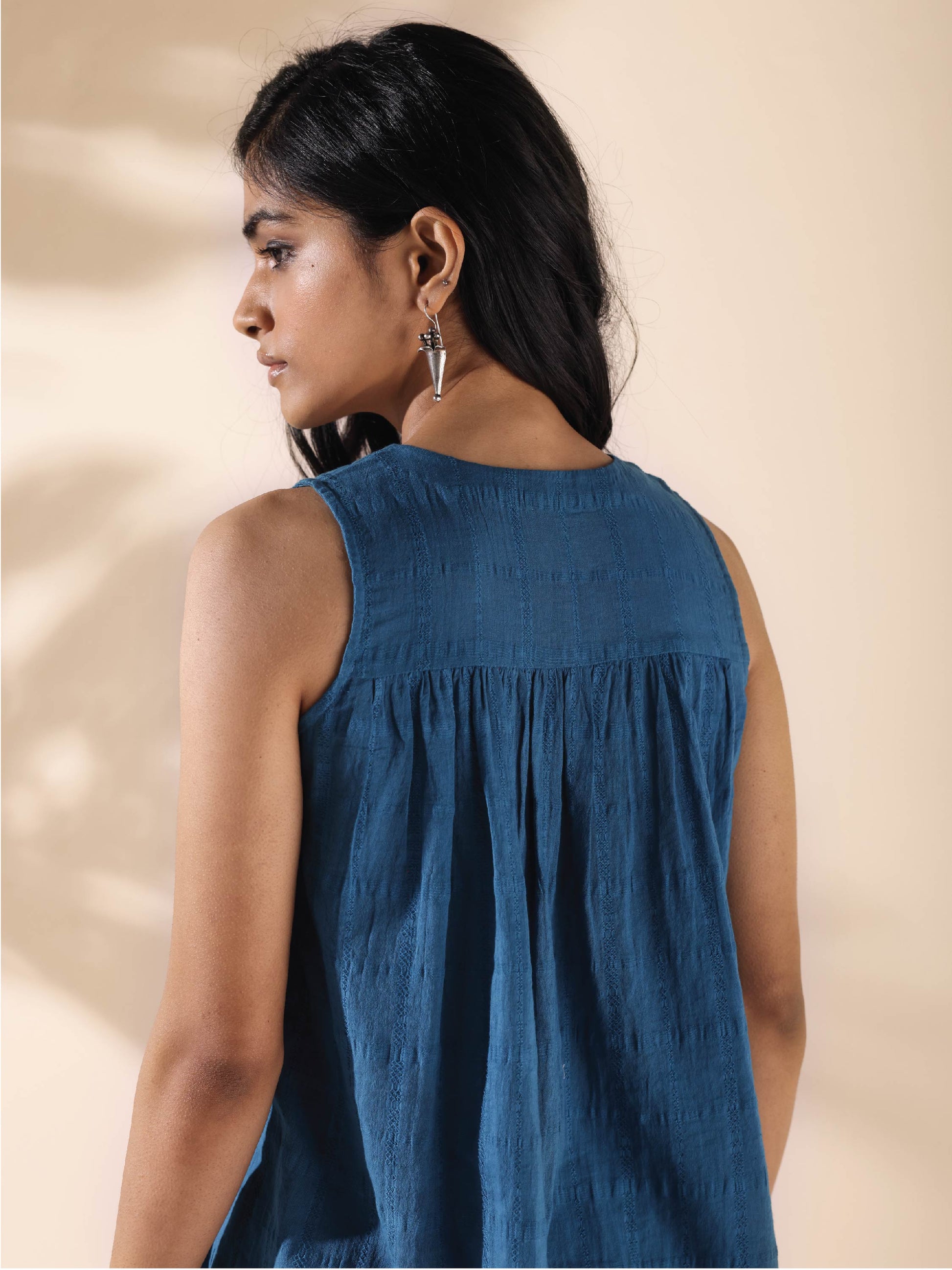 trueBrowns Blue Cotton Dobby Flared Co-ord Set - Swadesiicart