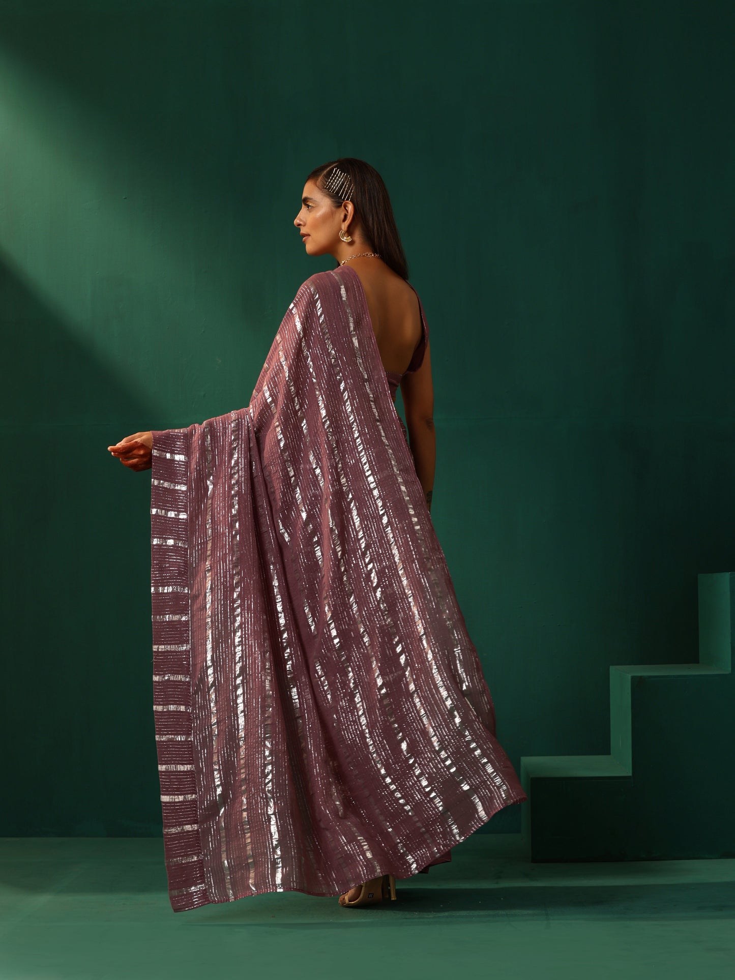 trueBrowns Mauve Cotton Silver Lurex Striped Ready to Wear Saree | Swadesiicart