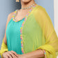InWeave Women's Teal Lace Work Straight Strappy Kurta Set With Lime Green Chiffon Dupatta - Swadesiicart
