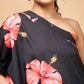 InWeave Women's Black Red Big Flower One Shoulder Kurta - Swadesiicart
