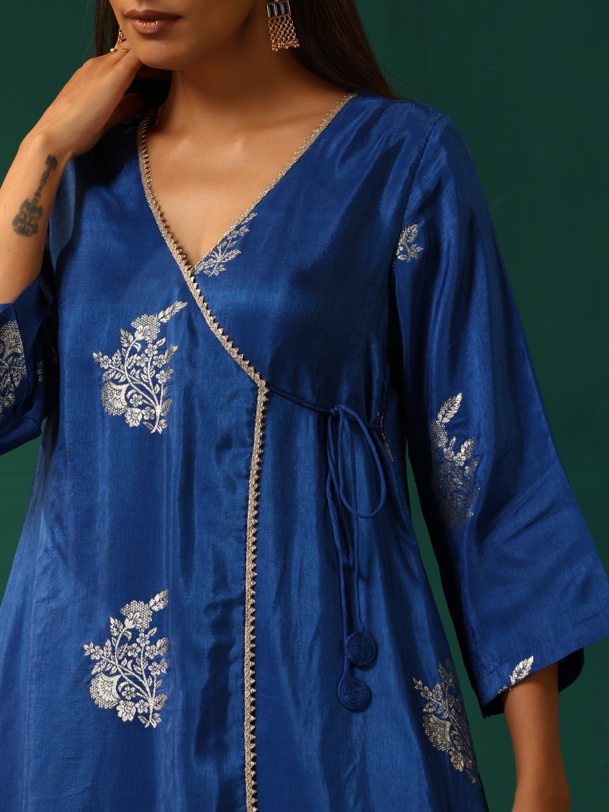 trueBrowns Royal Blue Floral Viscose Silk Angrakha Kurta Pant Set | Swadesiicart