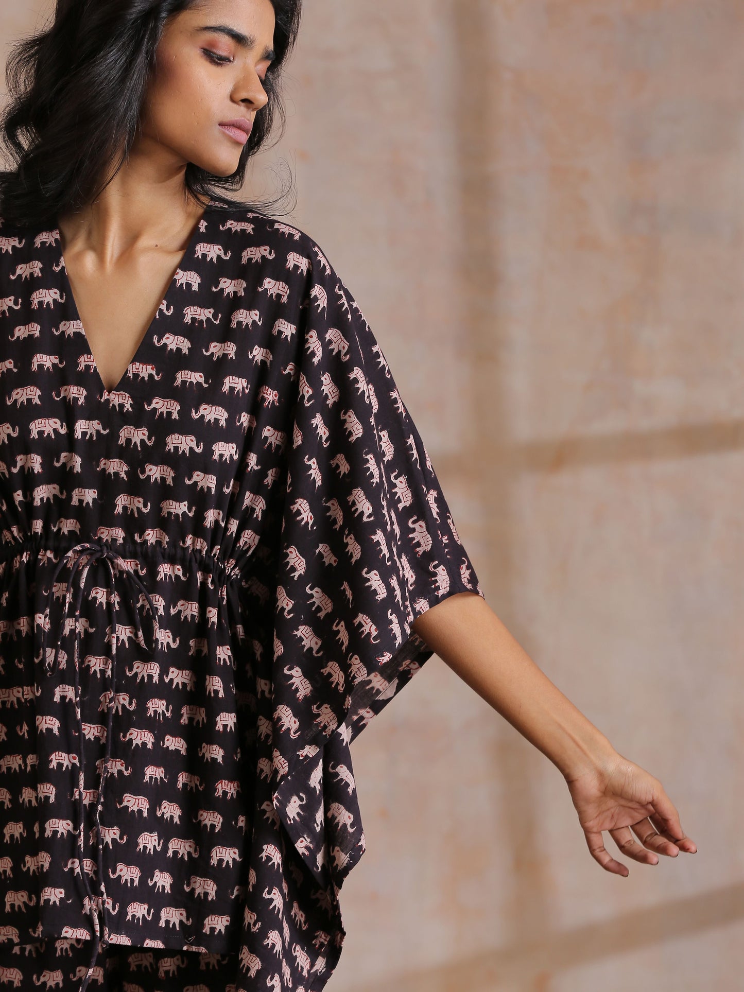 trueBrowns Black Elephant Bagru Print Cotton Kaftan Co-Ord Set - Swadesiicart
