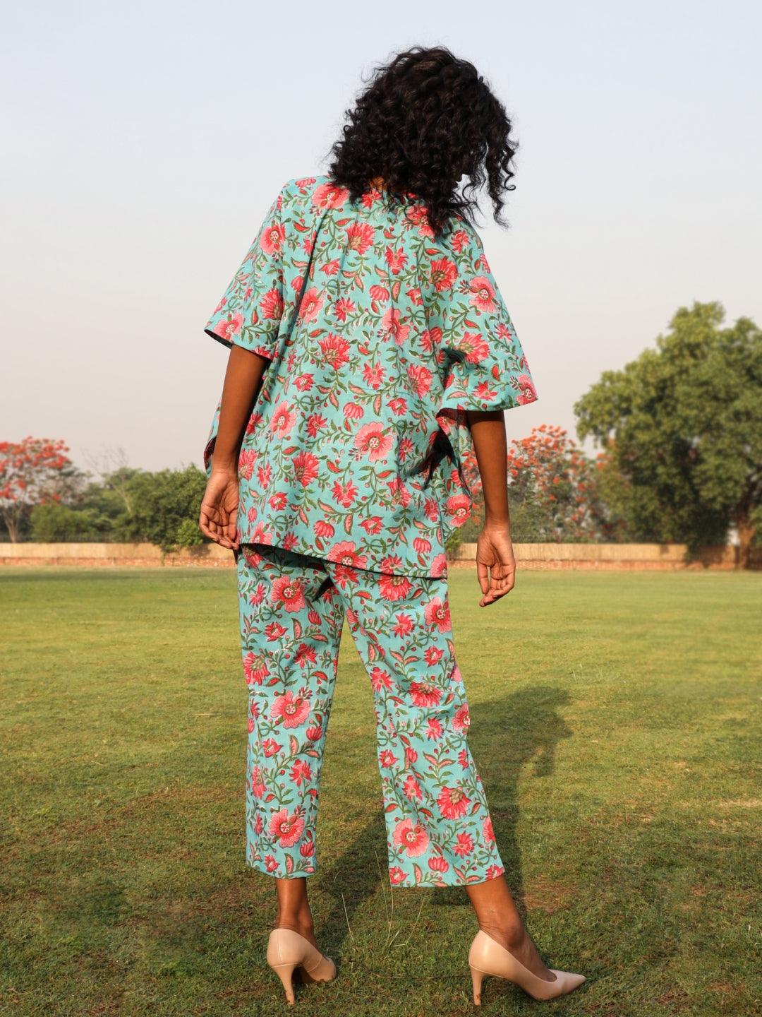 trueBrowns Aqua Cotton Block Print Kaftan Co-Ord Set - Swadesiicart