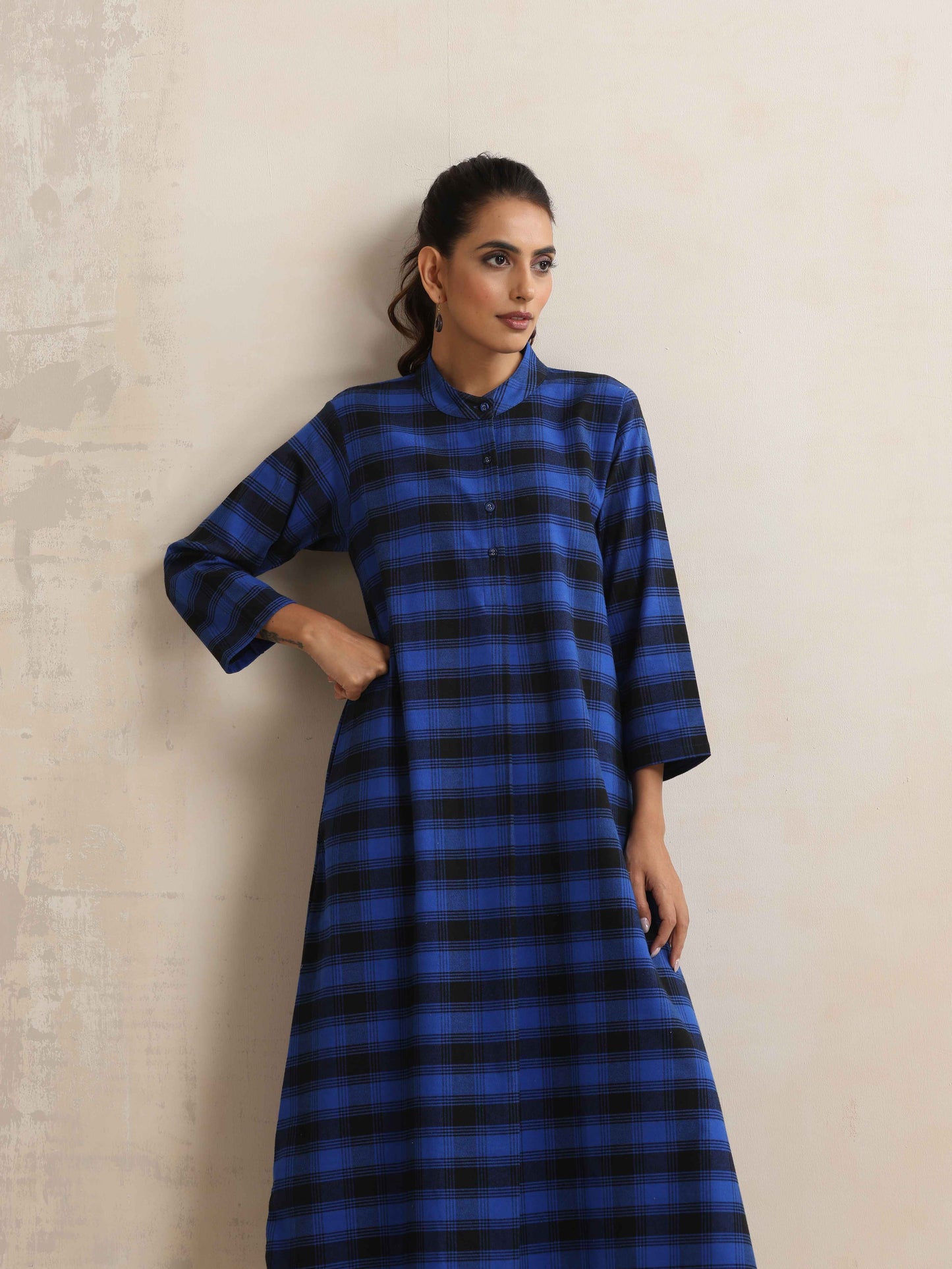 trueBrowns Blue Check Flared Winter Dress | Swadesiicart