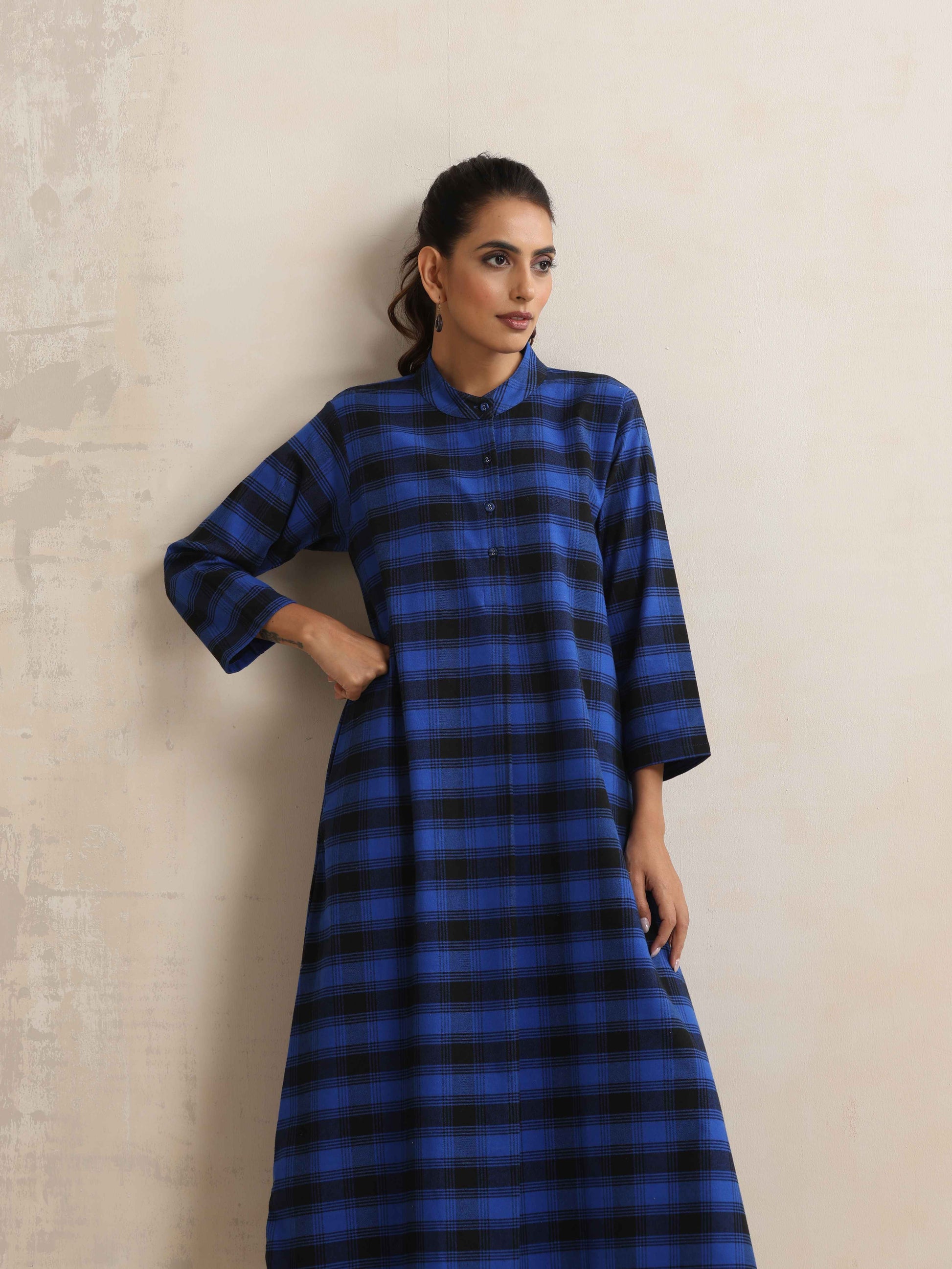 trueBrowns Blue Check Flared Winter Dress | Swadesiicart