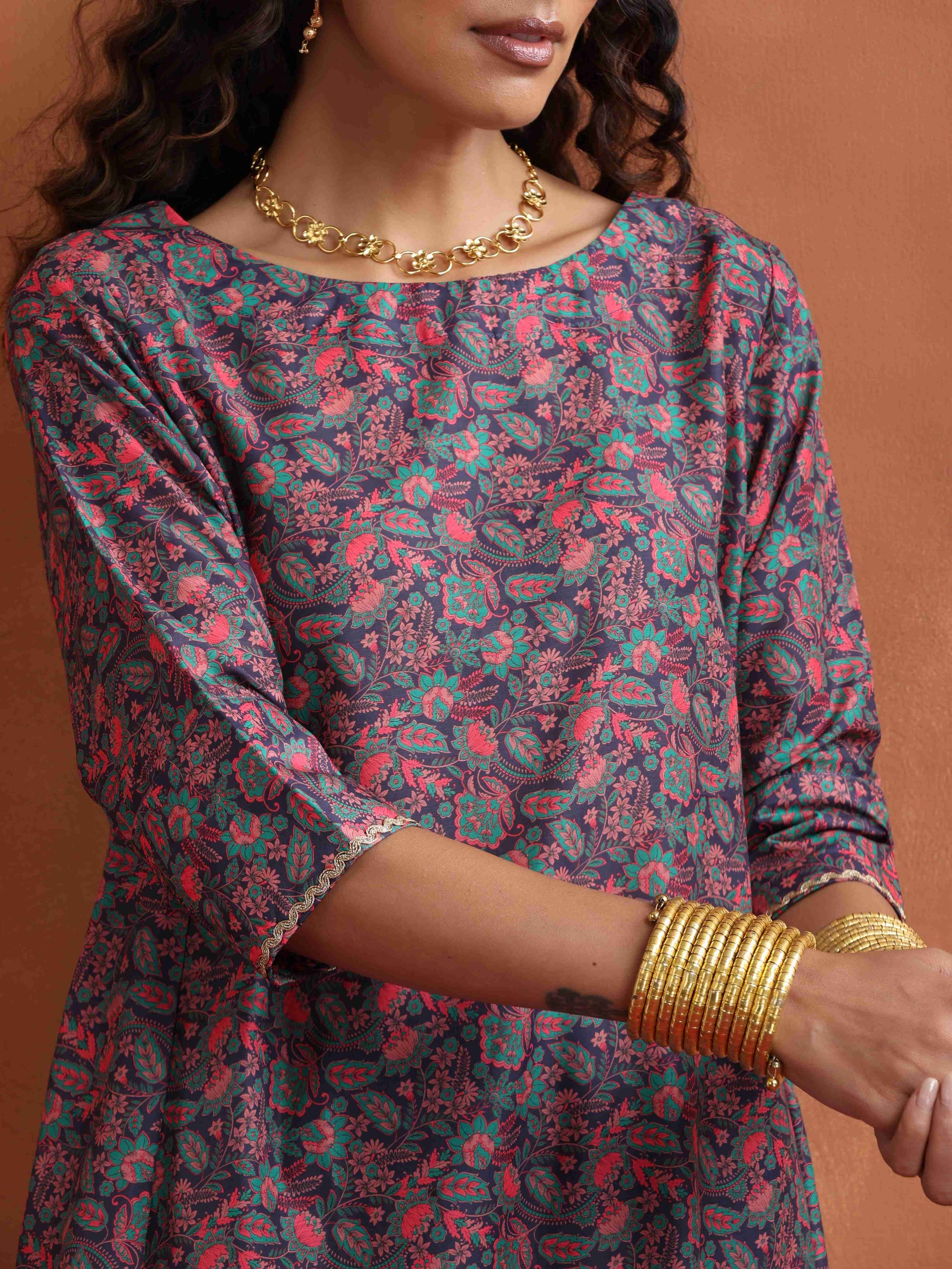 trueBrowns Purple Print A-line Kurta Set | Swadesiicart