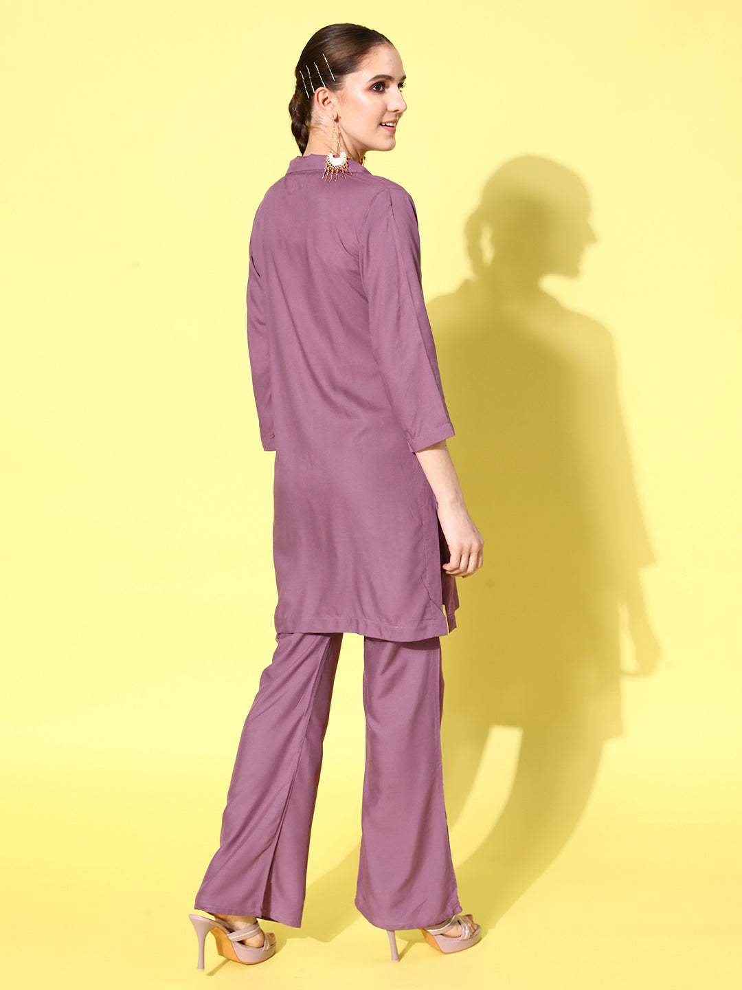 InWeave Women's Mauve Coord Set With Crepe Peach Crop Top - Swadesiicart