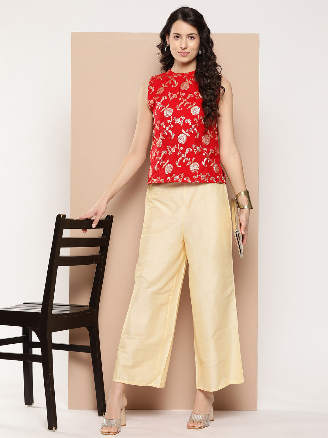 InWeave Women's Red Brocade Halter Top - Swadesiicart