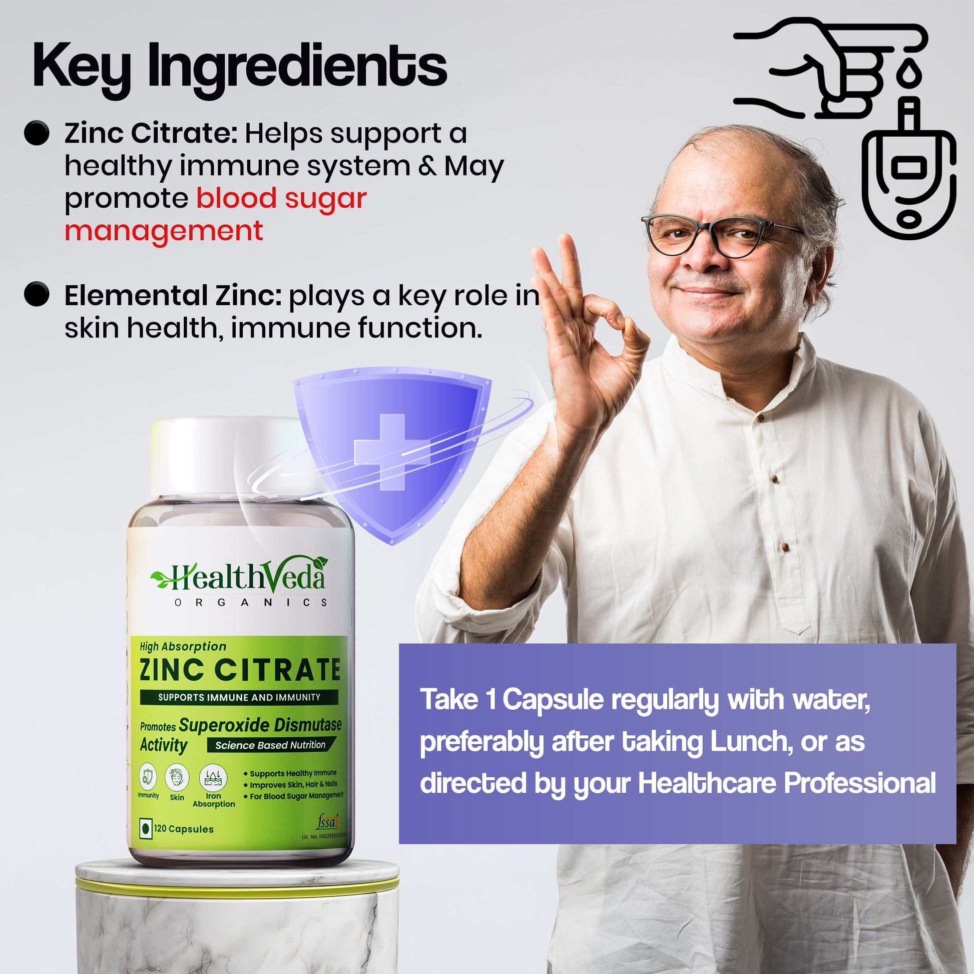 Health Veda Organics Zinc Citrate Veg Capsules - Swadesiicart