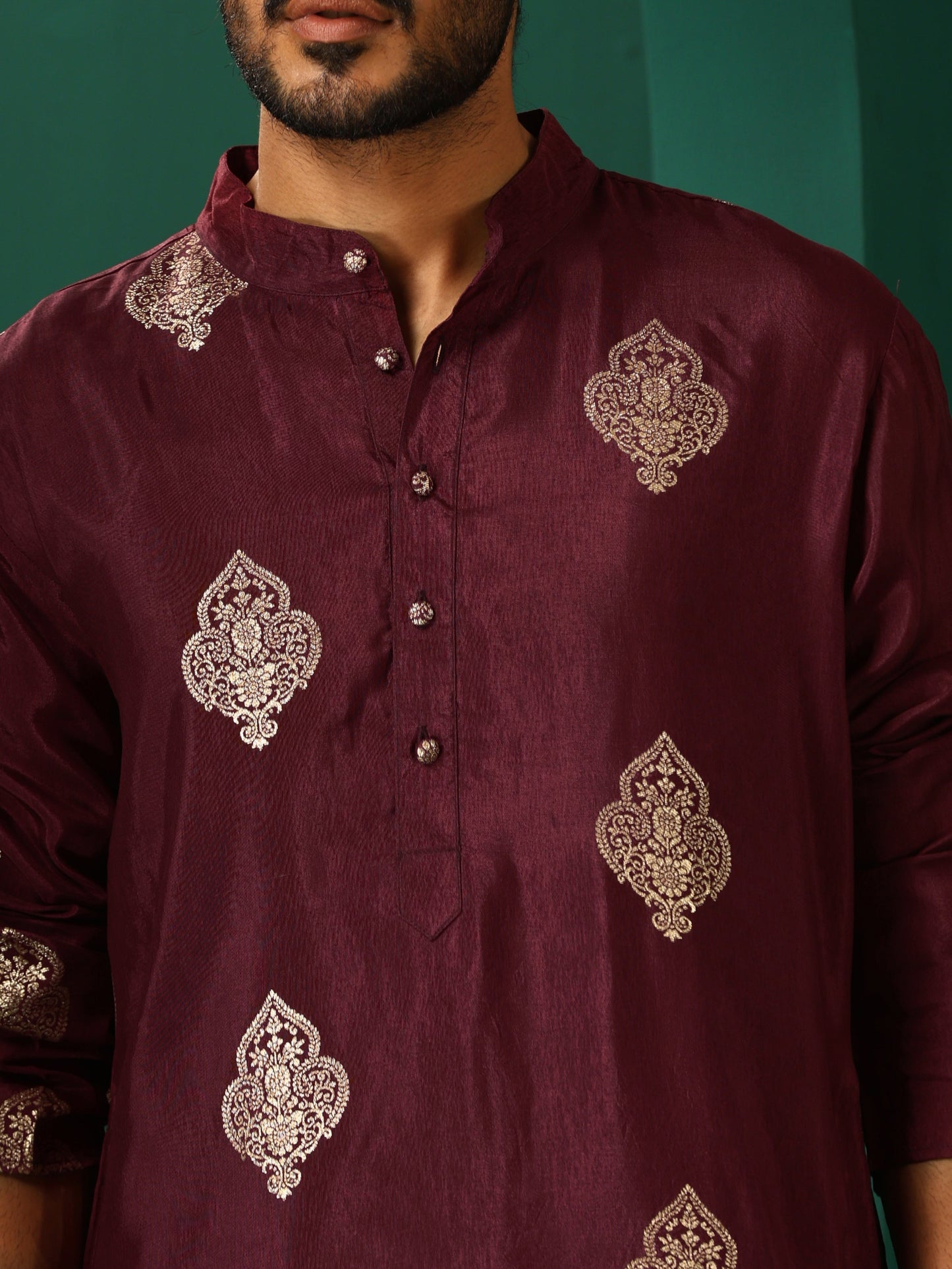trueBrowns Men's Wine Geometric Viscose Silk Long Kurta | Swadesiicart